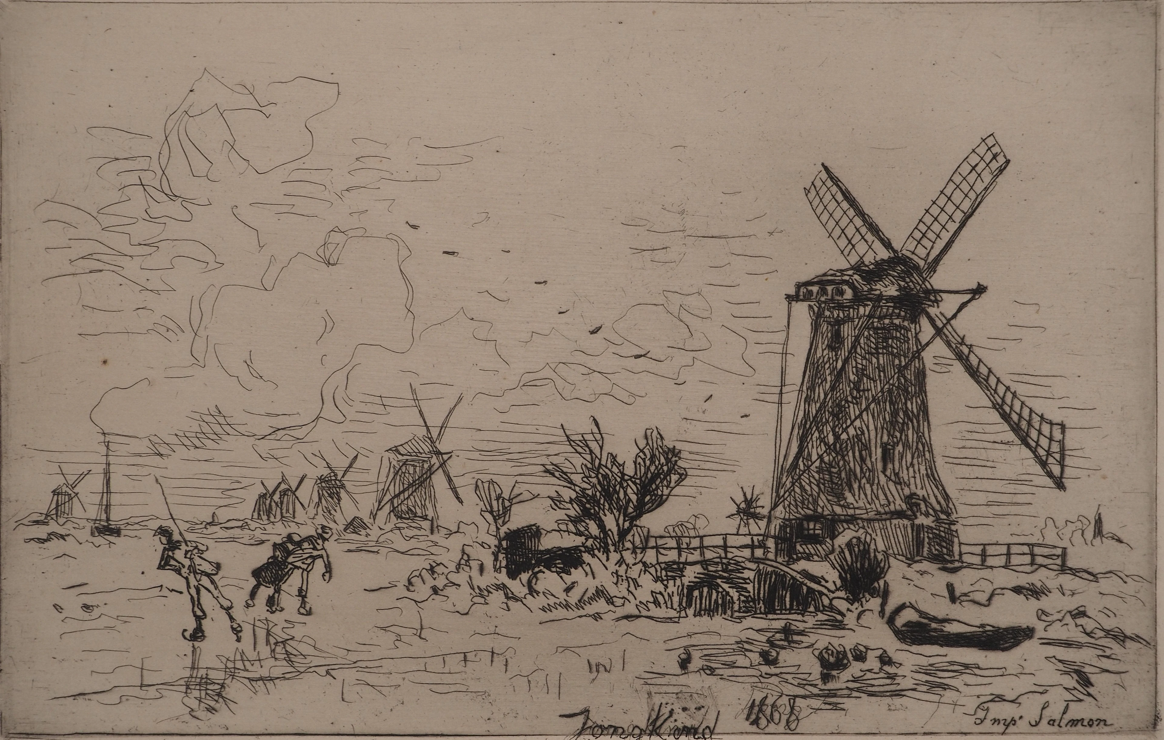 Johan-Barthold JONGKIND : Batavia, Moulins en Hollande, Gravure originale