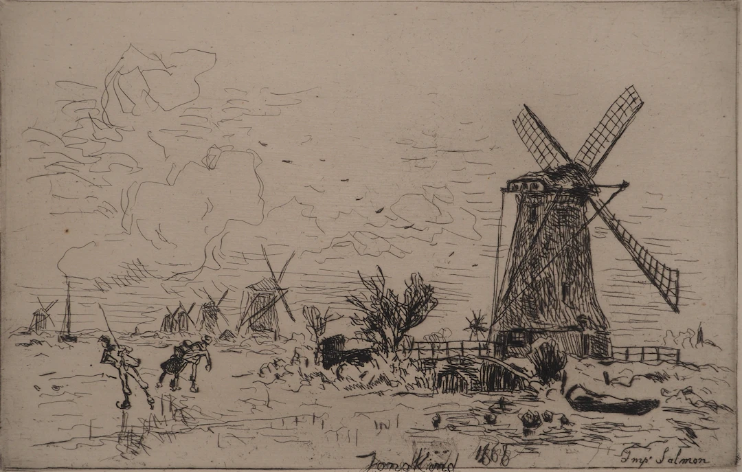 Johan-Barthold JONGKIND : Batavia, Moulins en Hollande, Gravure originale