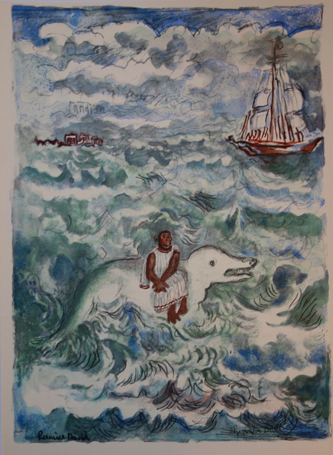 Hermine DAVID - Le dauphin, Lithographie originale signée