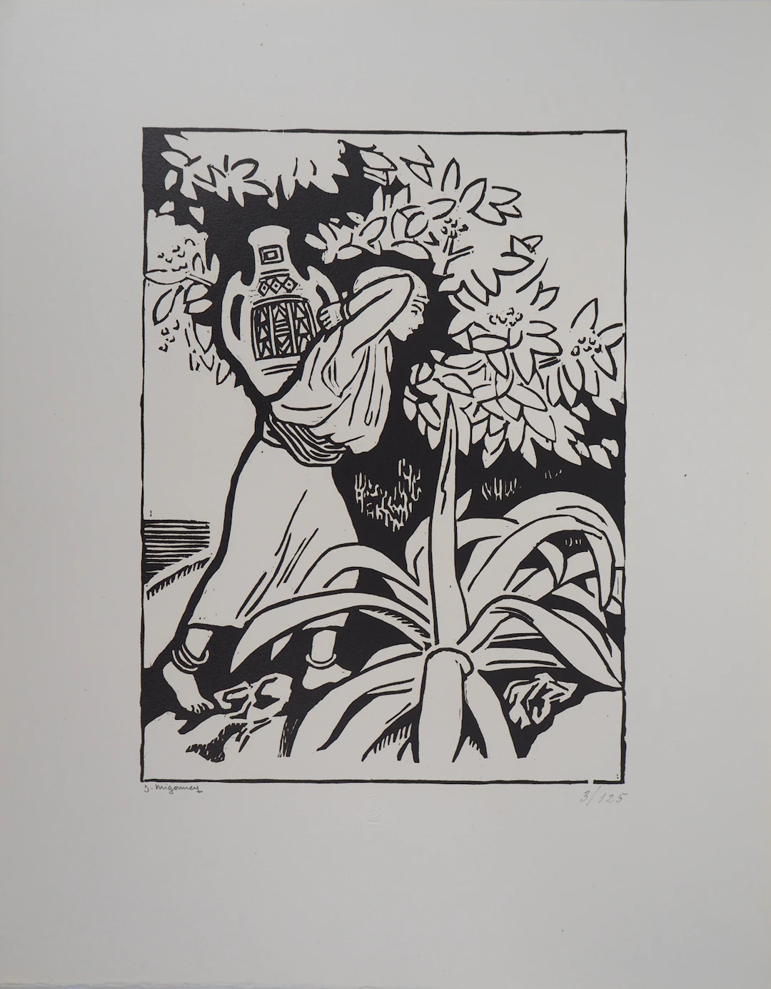 Jules MIGONNEY : La belle Africaine - Bois gravé original signé, 1923