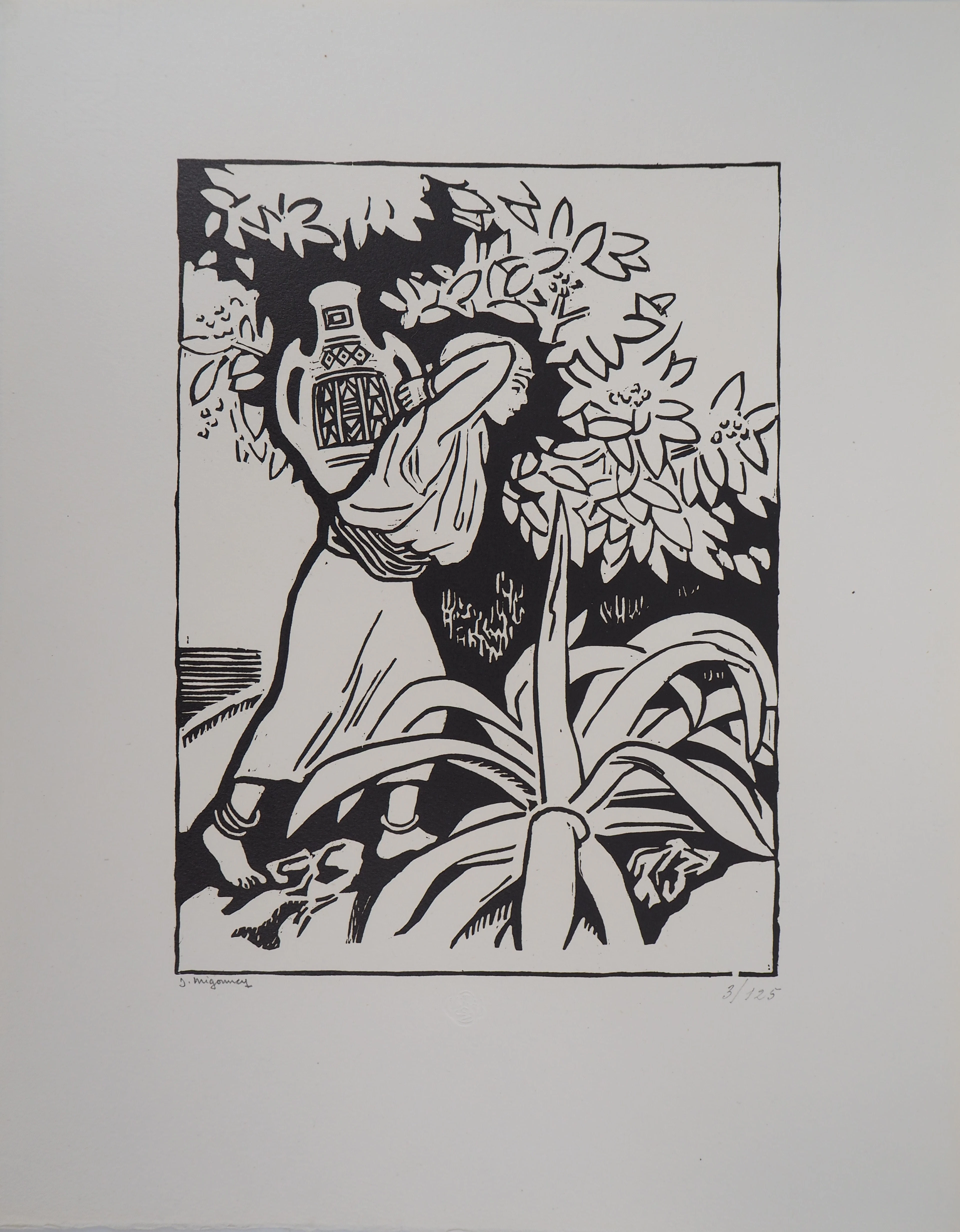 Jules MIGONNEY : La belle Africaine - Bois gravé original signé, 1923