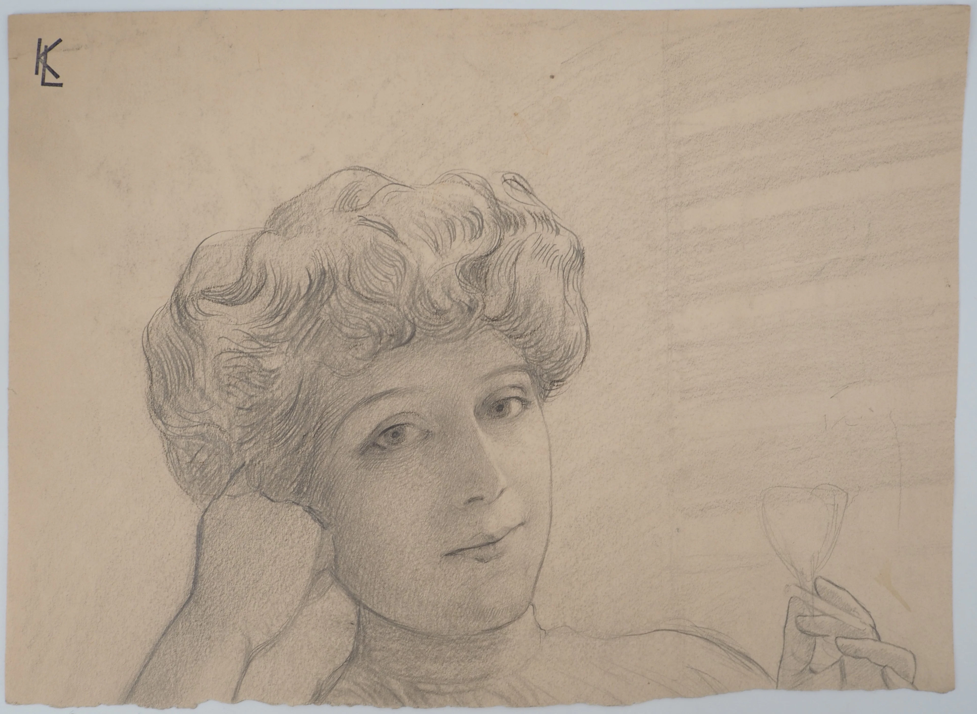 Léopold Franz KOWALSKI: Portrait de Solène tenant une fleur, dessin original
