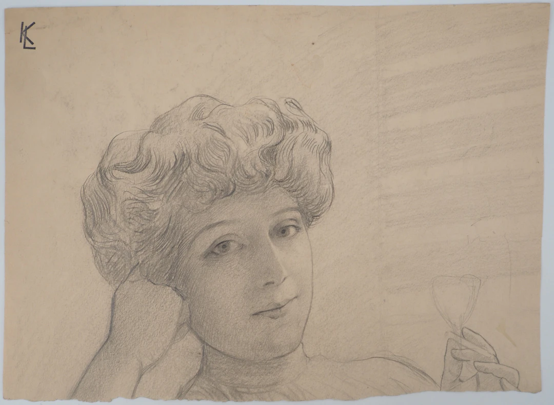 Léopold Franz KOWALSKI: Portrait de Solène tenant une fleur, dessin original
