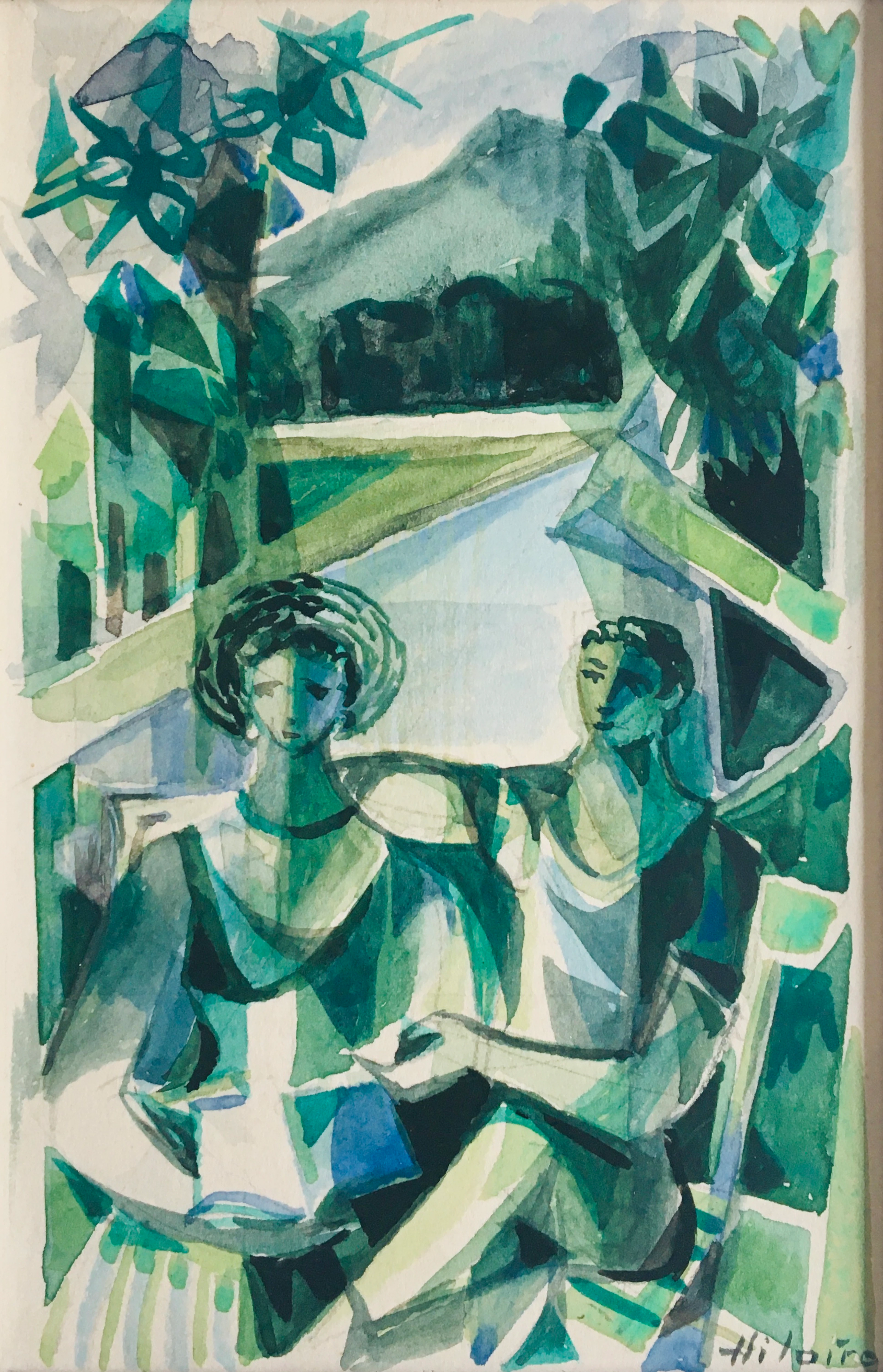Camille HILAIRE - Les amoureux au bord de la Moselle, 1954 - Aquarelle