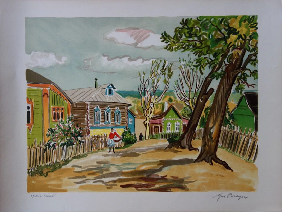 Yves BRAYER : Village rustique en Russie, Lithographie originale signée