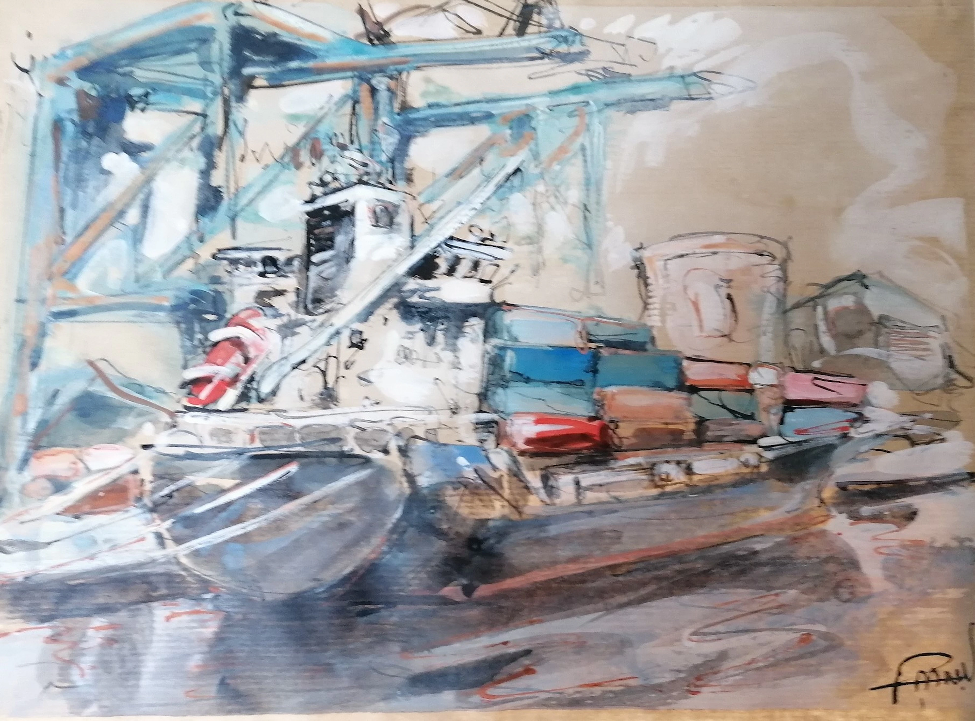 Antoine Faure - Paquebot à quai - Gouache et encore sur papier