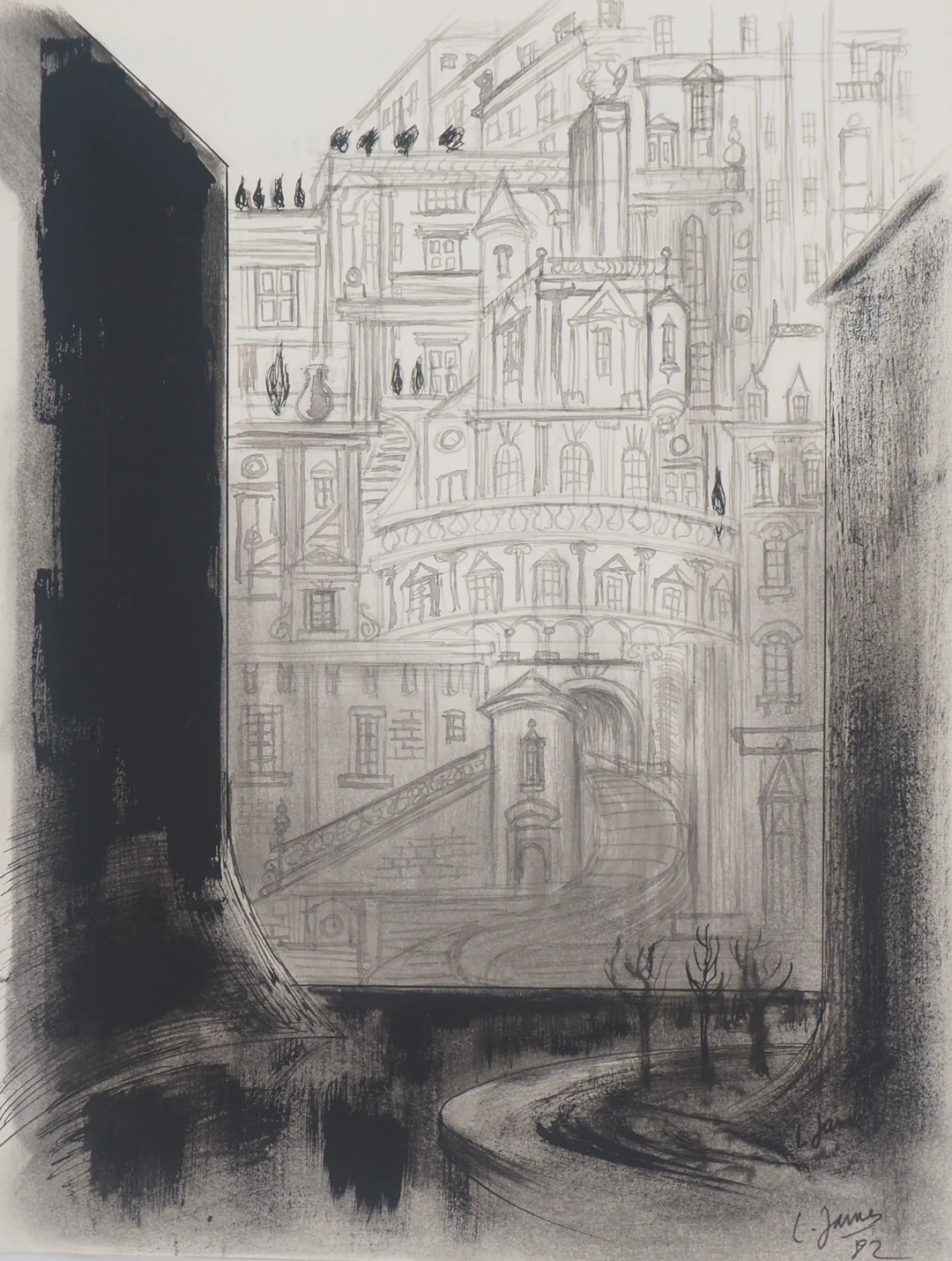 Louis James - L’entrée du Château, 1982 - Dessin original signé