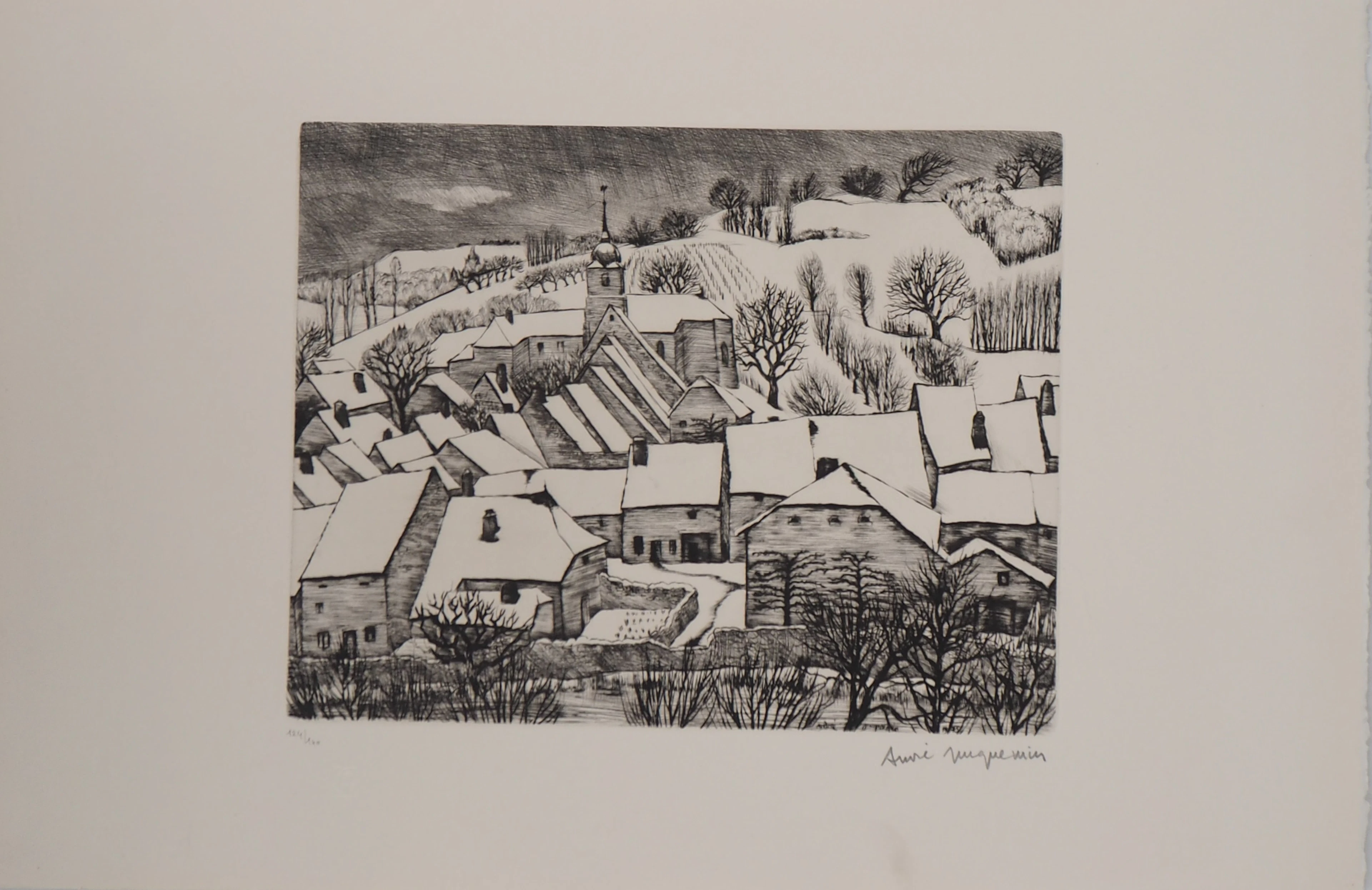 André JACQUEMIN : Village Suisse sous la neige d’hiver, Gravure originale