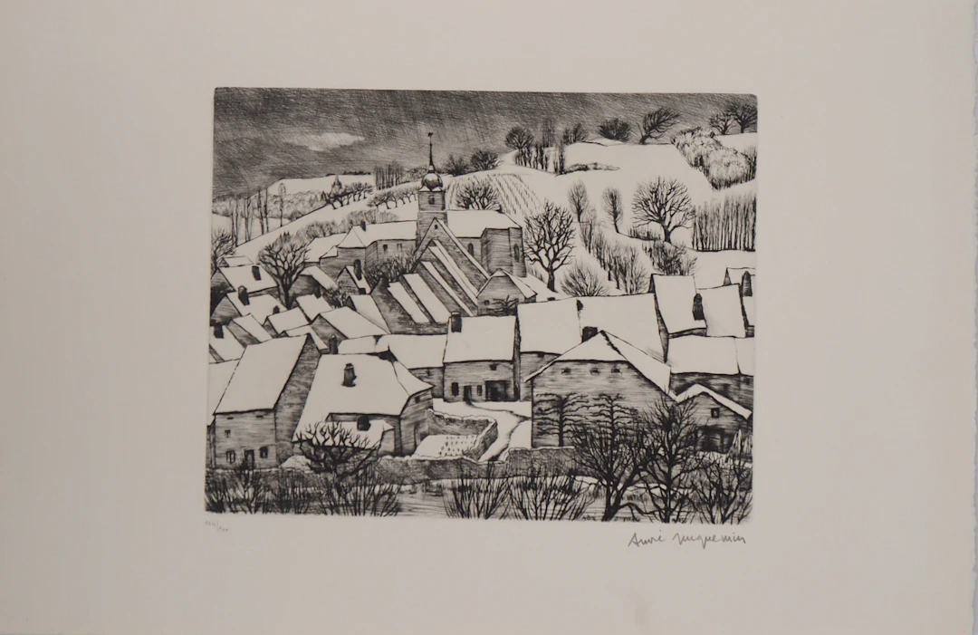 André JACQUEMIN : Village Suisse sous la neige d’hiver, Gravure originale