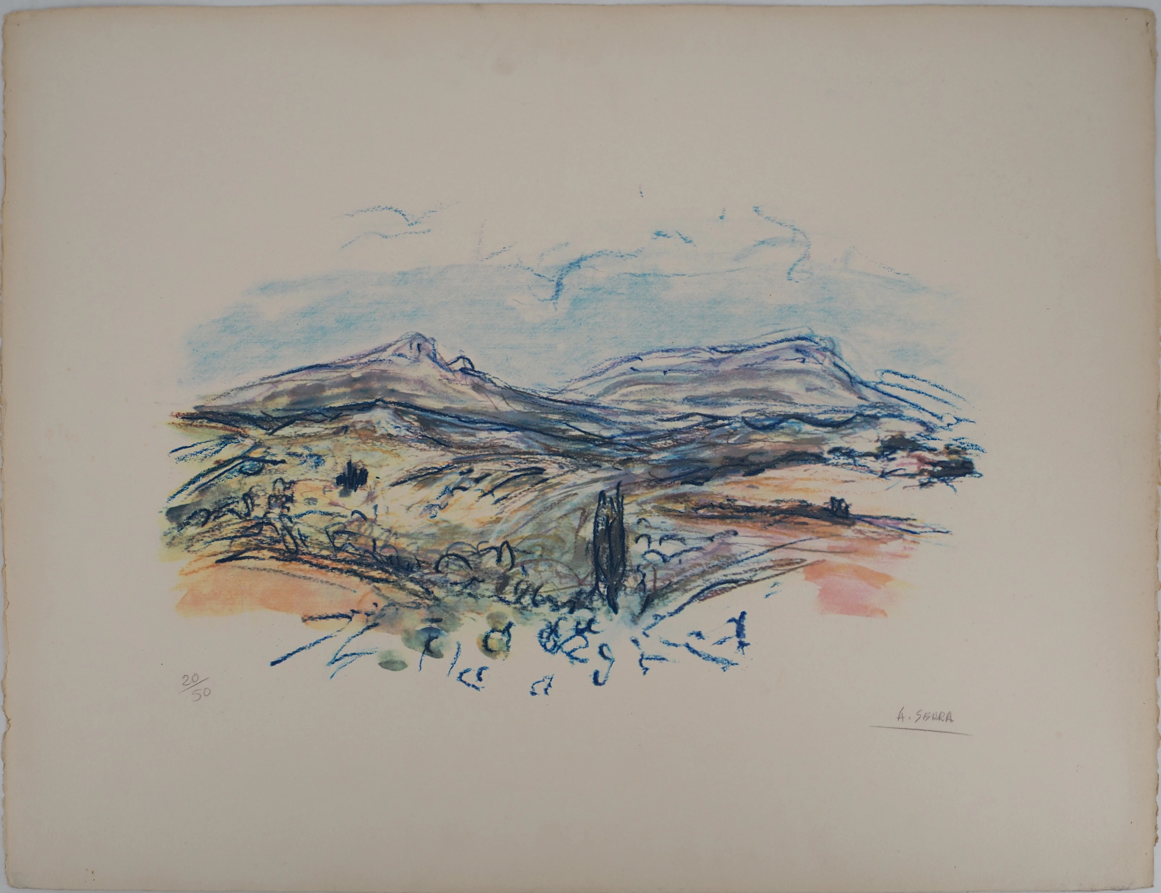Antoine SERRA (1908-1995), Cyprès et montagnes, vers 1970 - Lithographie
