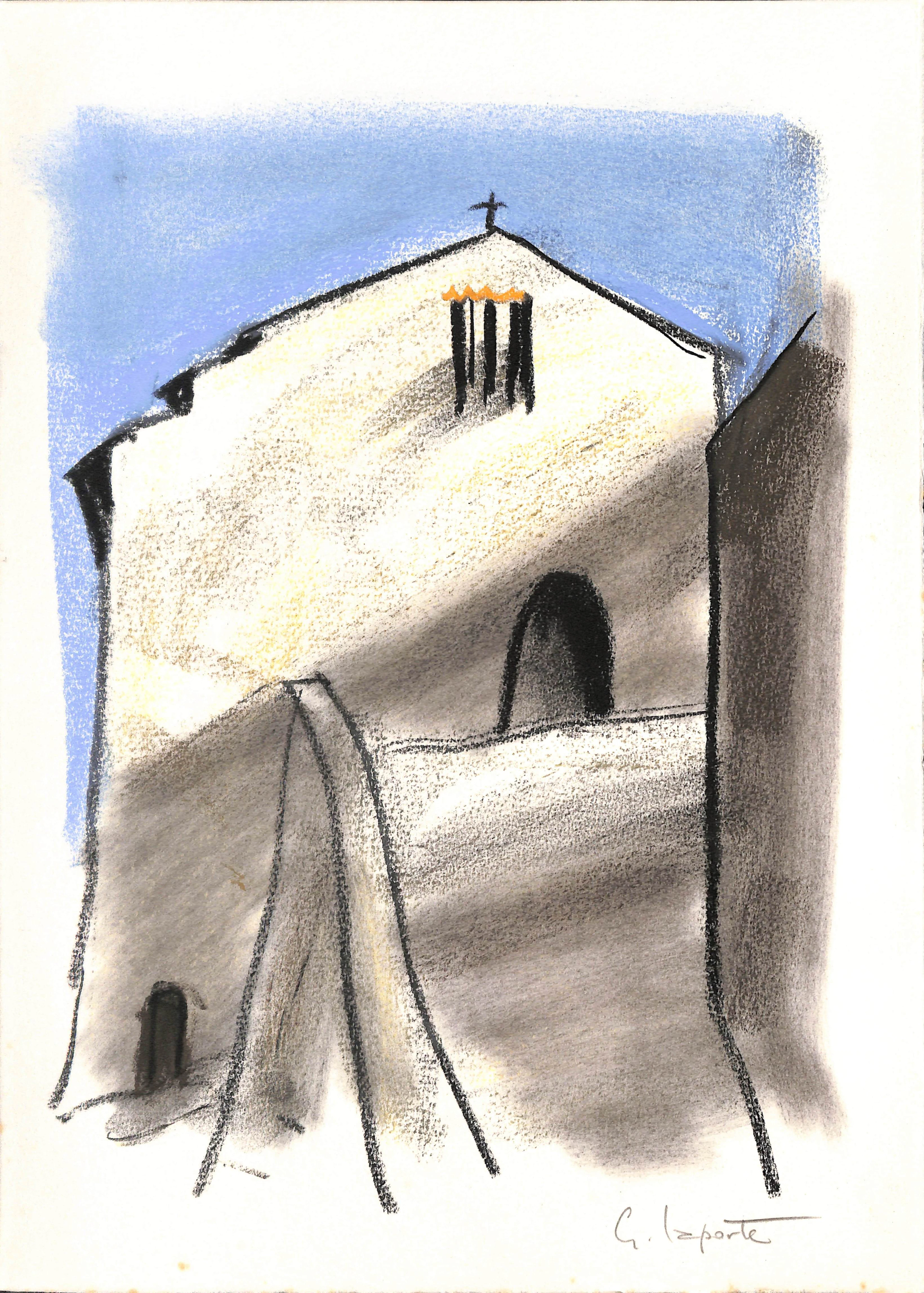 Georges LAPORTE - La petite église, 1974 - Dessin original au pastel signé