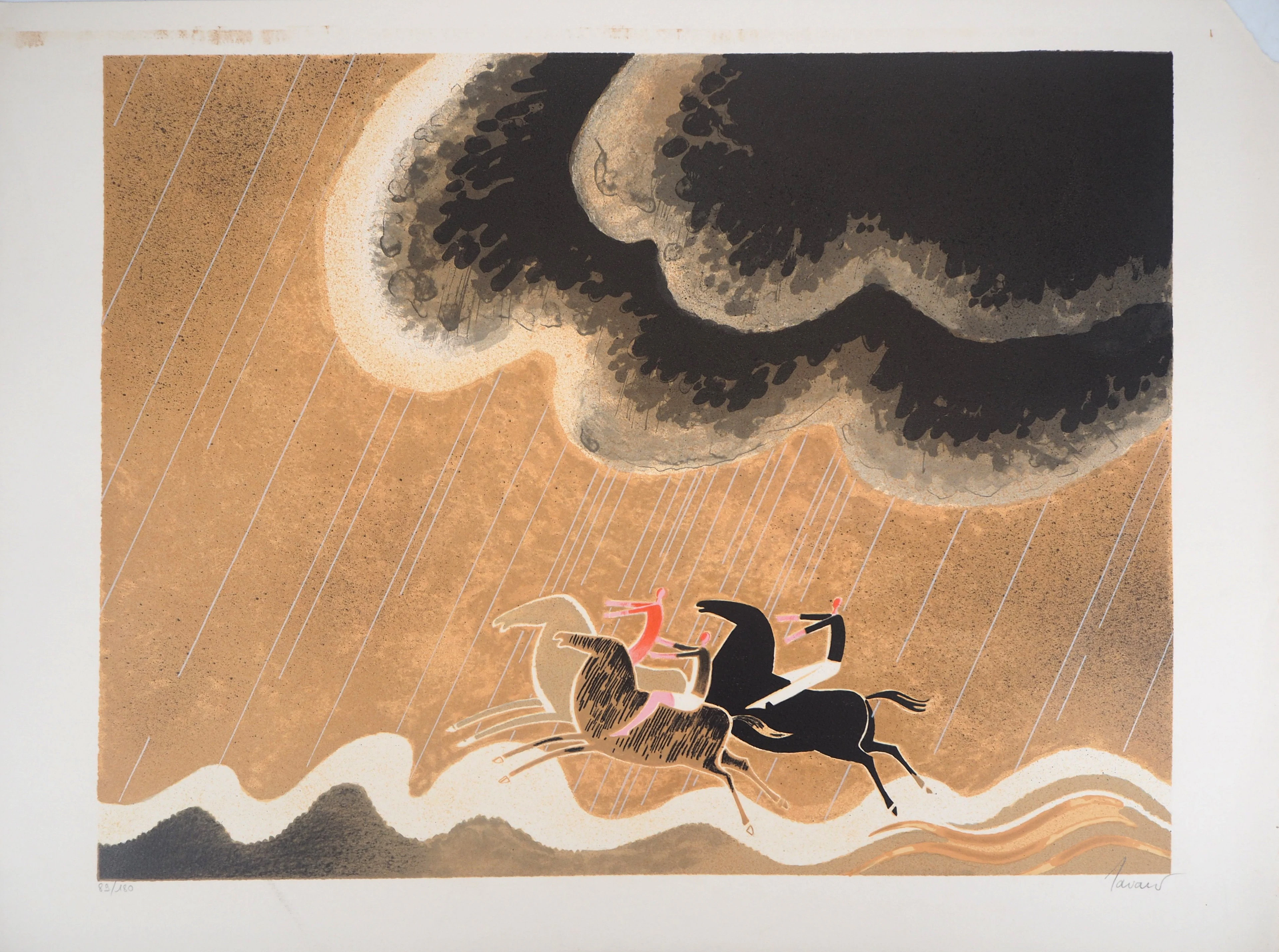 Albert ZAVARO : Les chevaux dans la houle - Lithographie originale signée