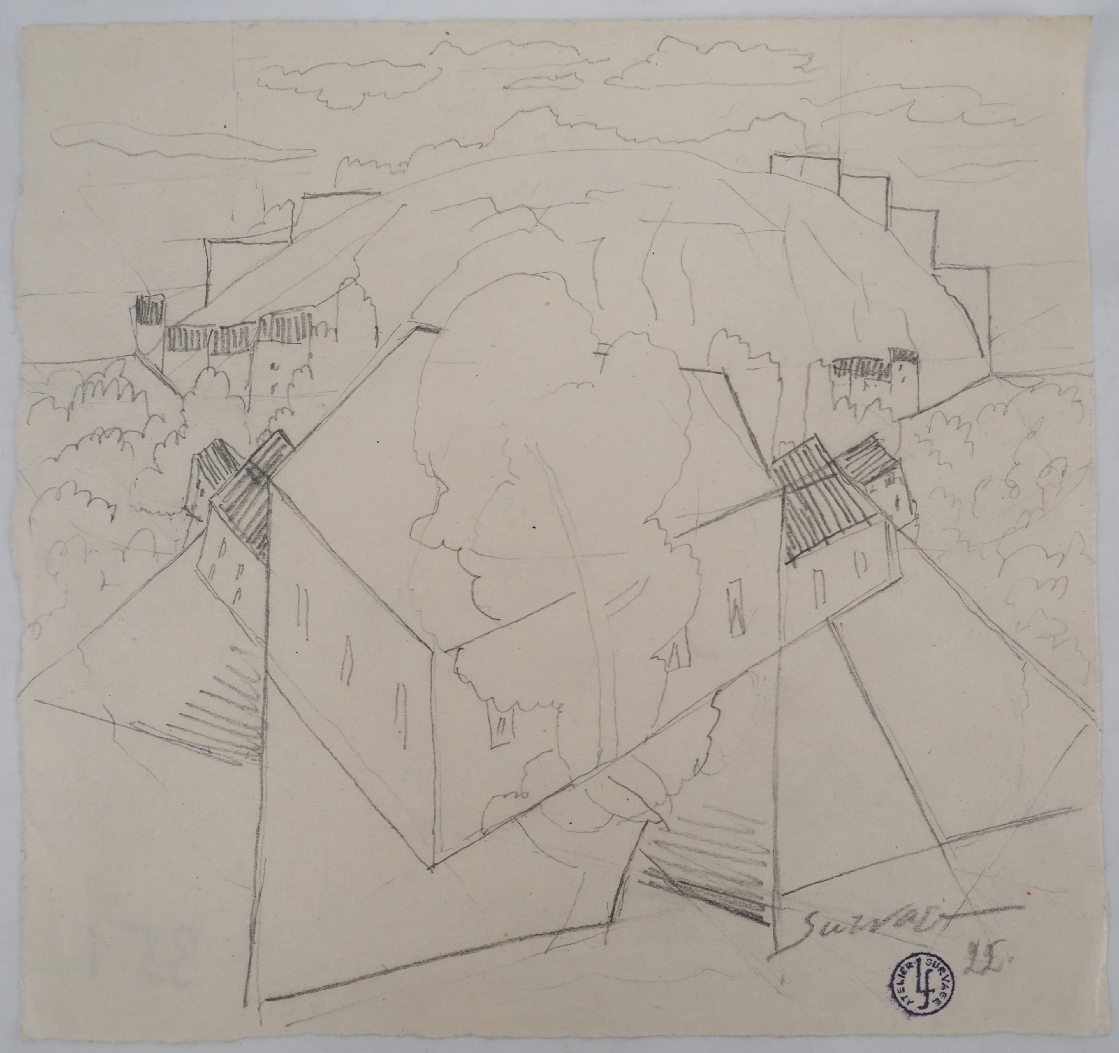 Léopold SURVAGE - Architecture surréaliste, 1922 - Dessin original, Signé