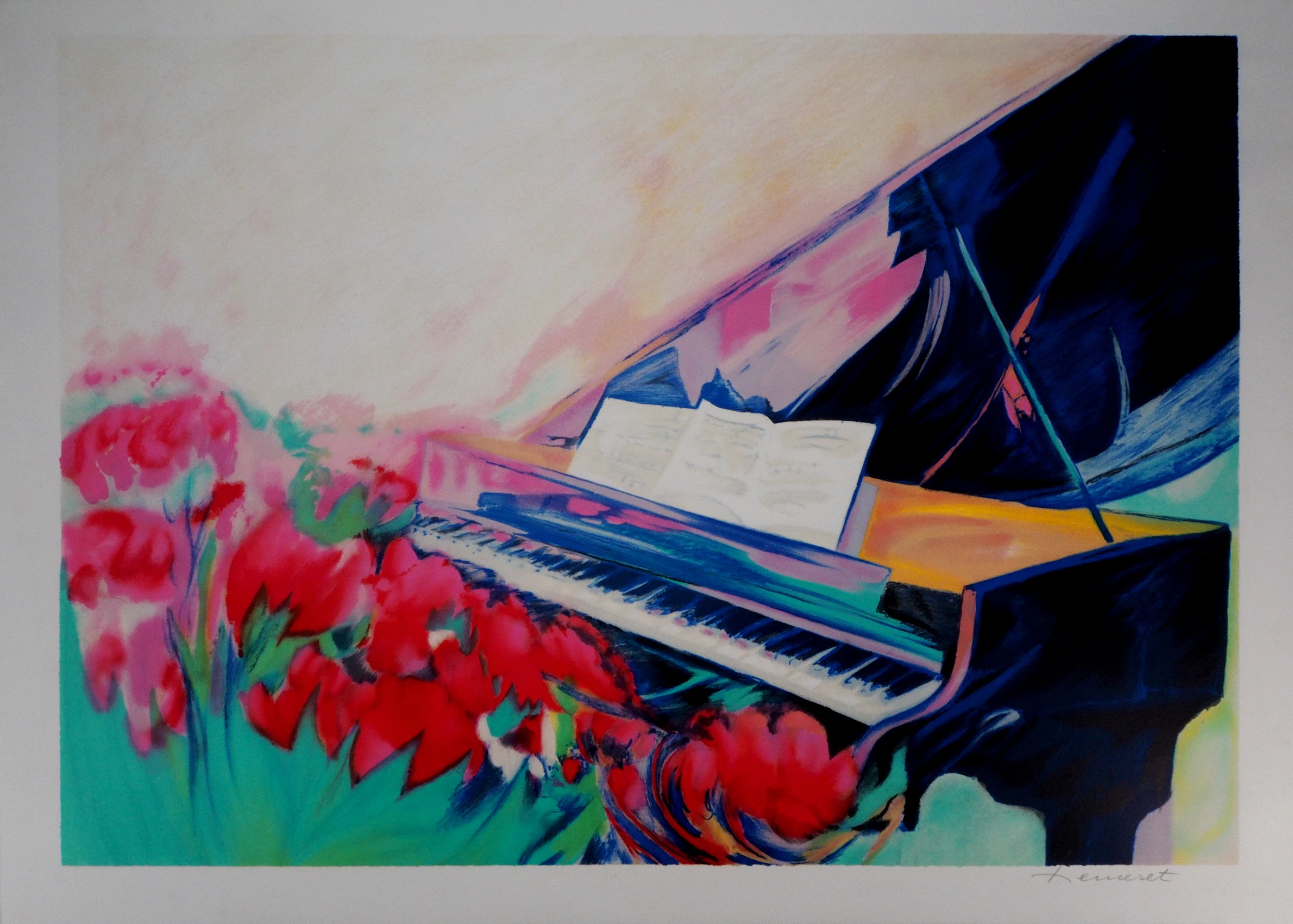 Claude HEMERET : Piano et partitions - Lithographie Originale Signée