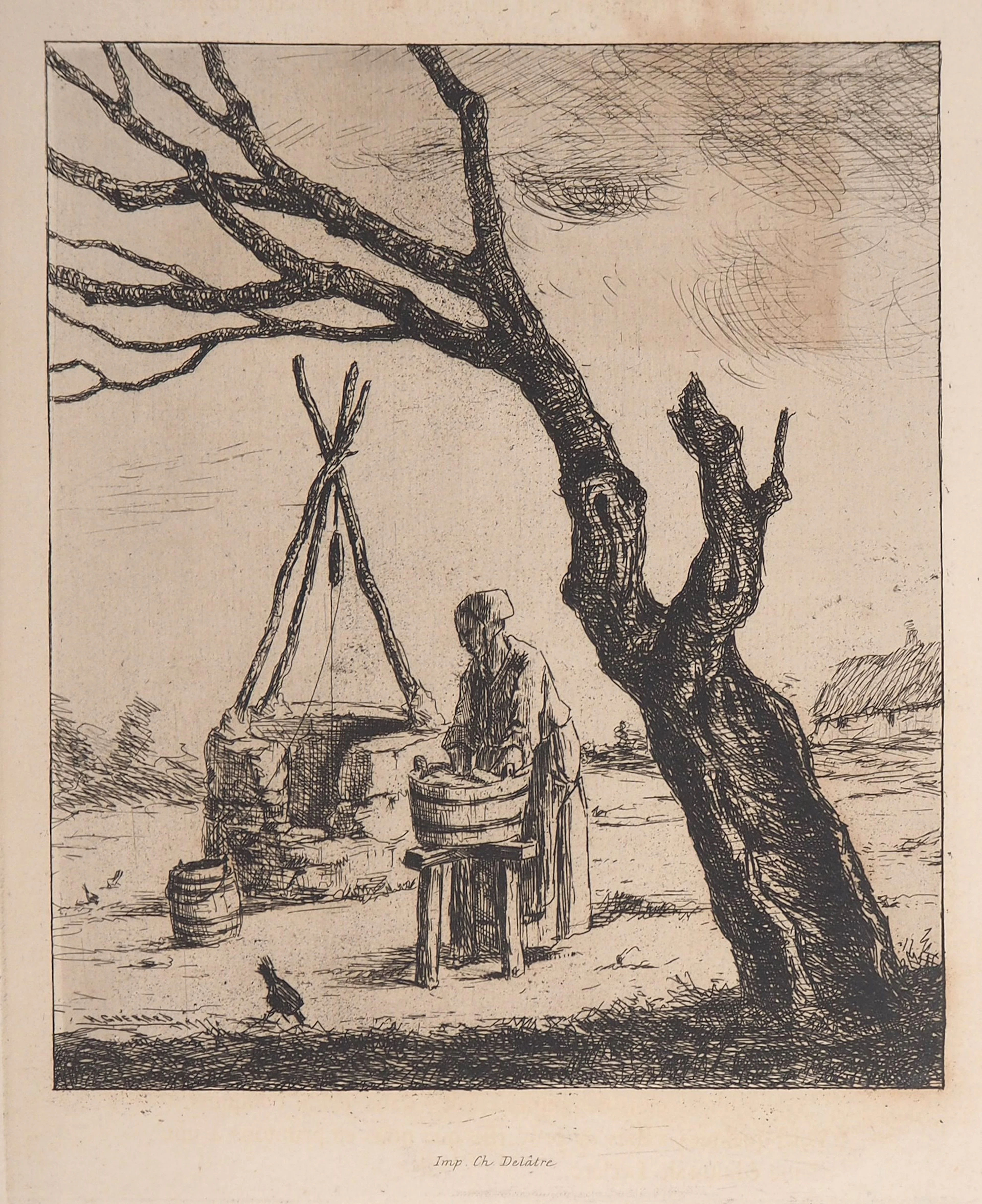 Henri GUERARD : Lavage au puits - Gravure originale signée