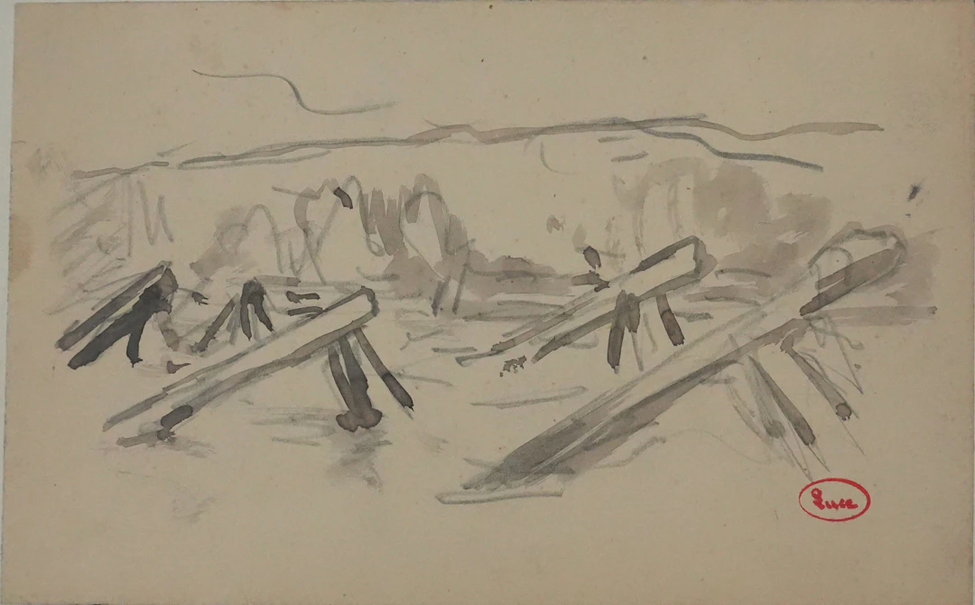 Maximilien LUCE : Normandie, Pieux en bois sur la plage, Dessin originale