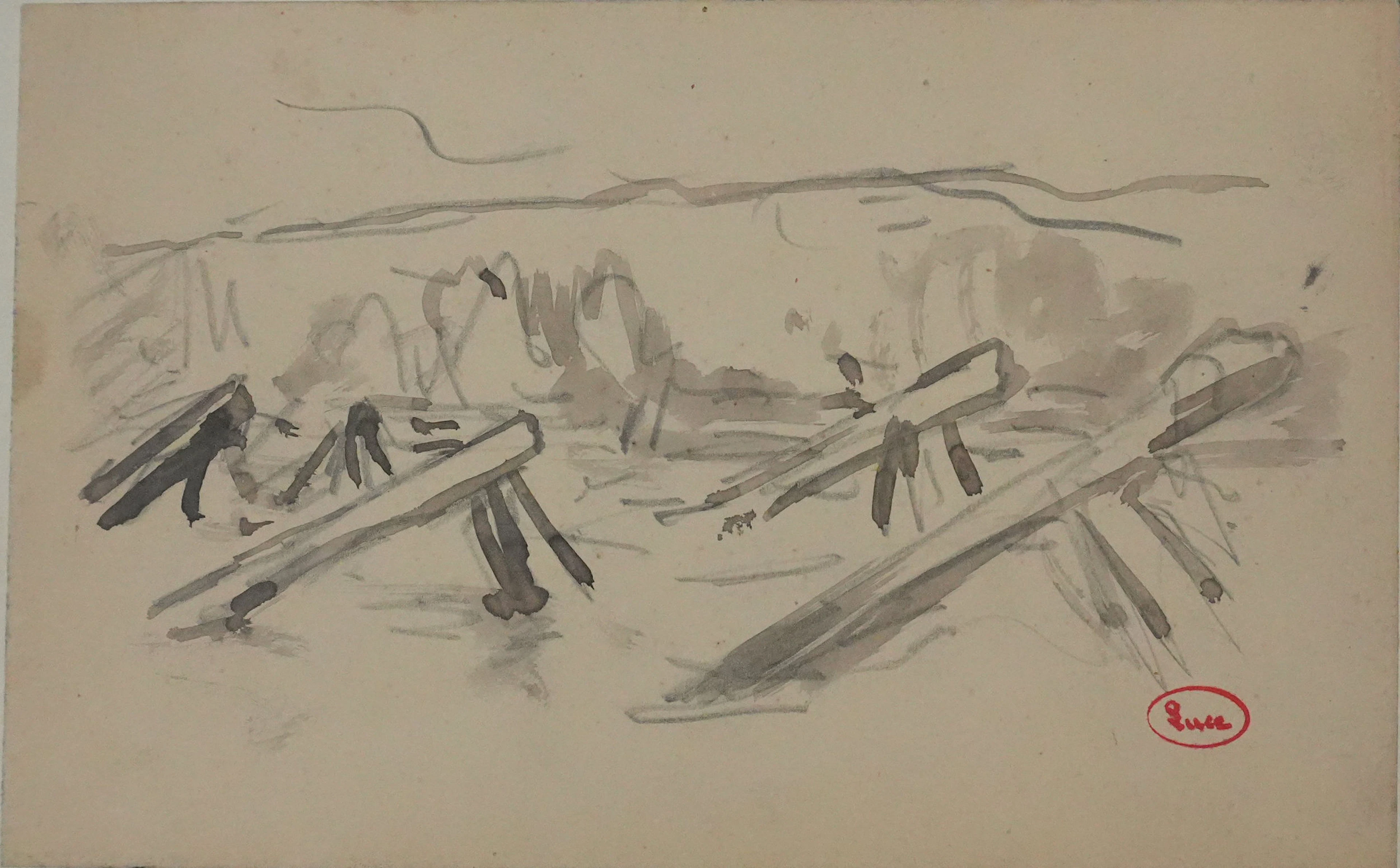 Maximilien LUCE : Normandie, Pieux en bois sur la plage, Dessin originale