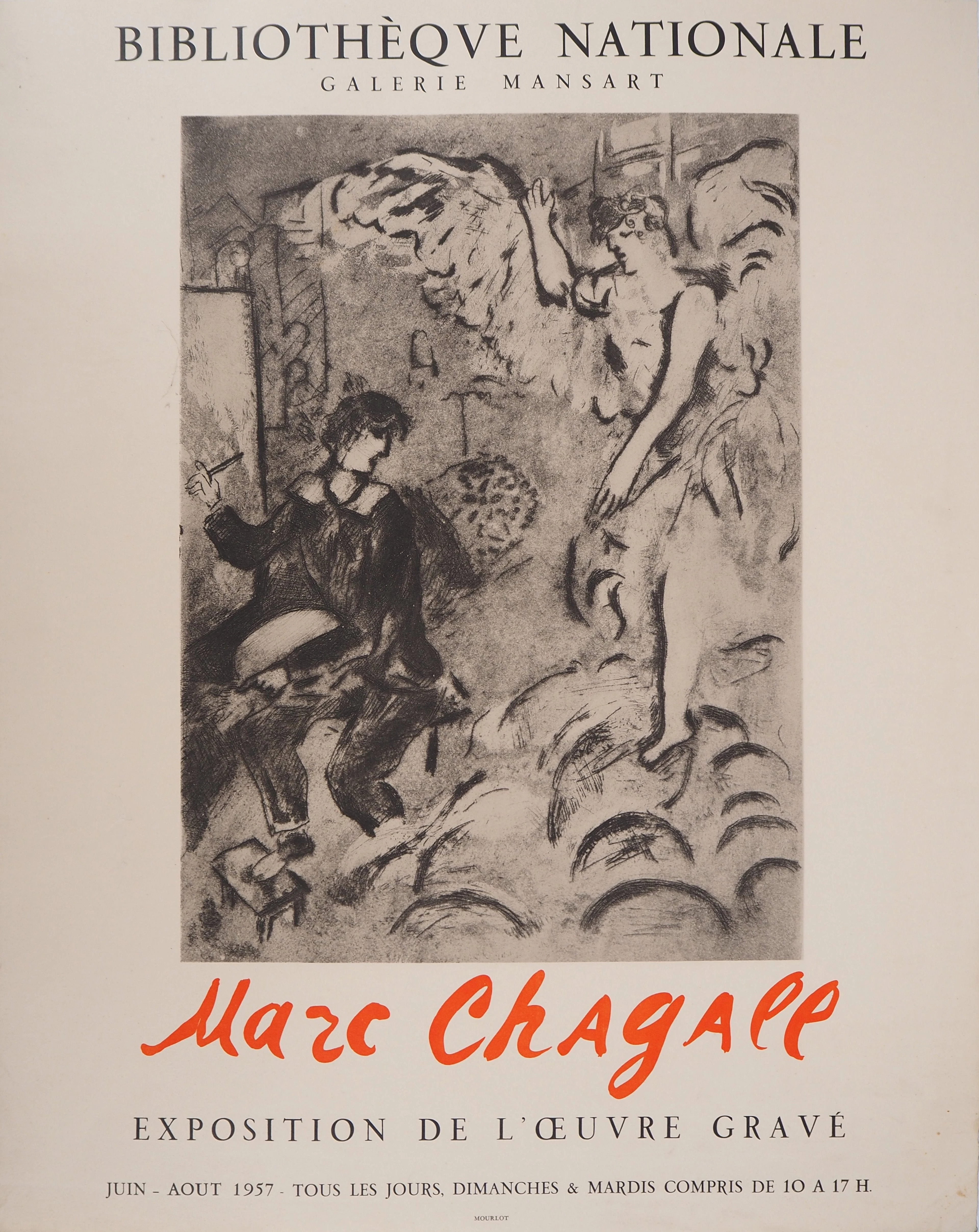 Marc CHAGALL : L’Apparition, Peintre et ange, Affiche en lithographie