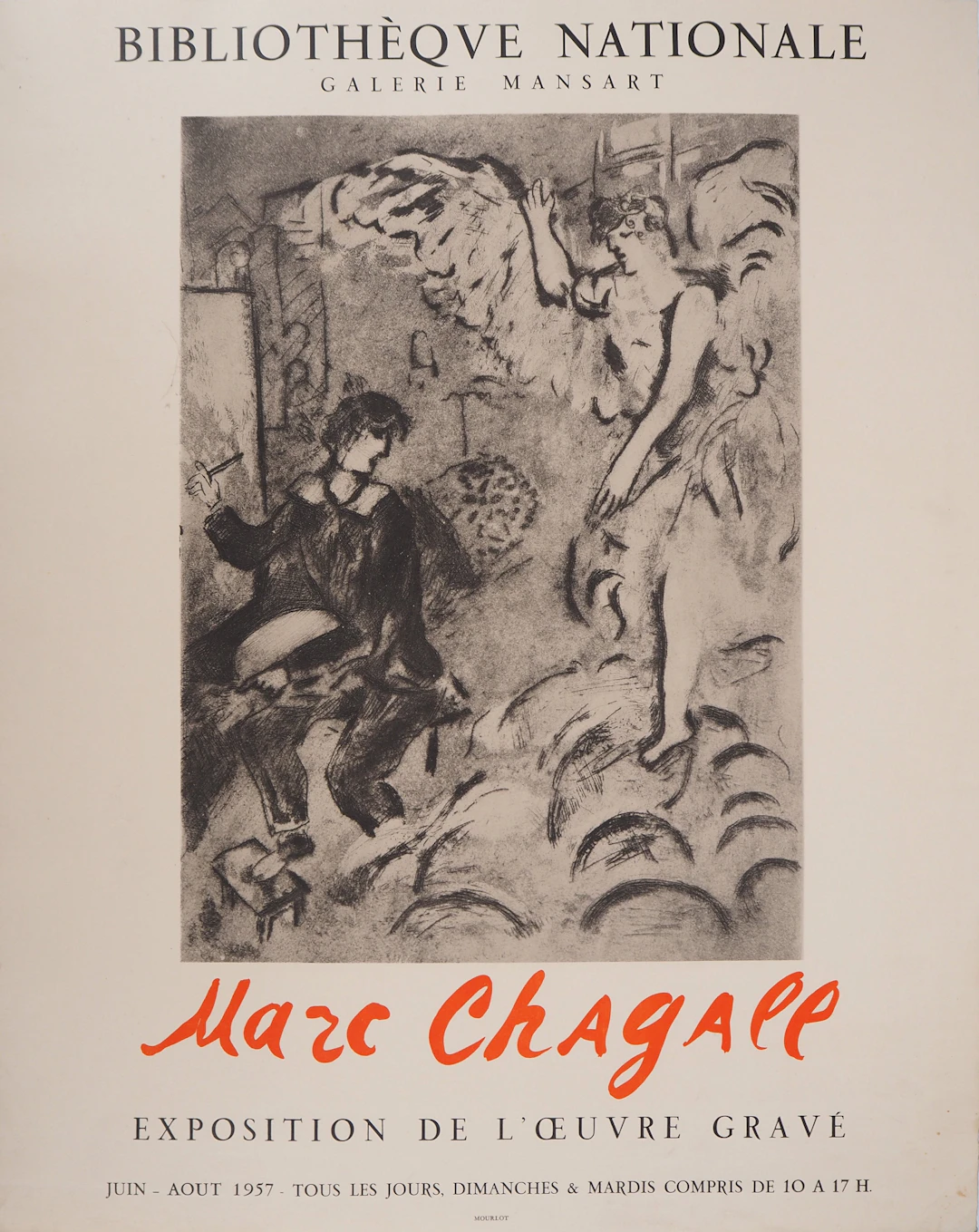Marc CHAGALL : L’Apparition, Peintre et ange, Affiche en lithographie