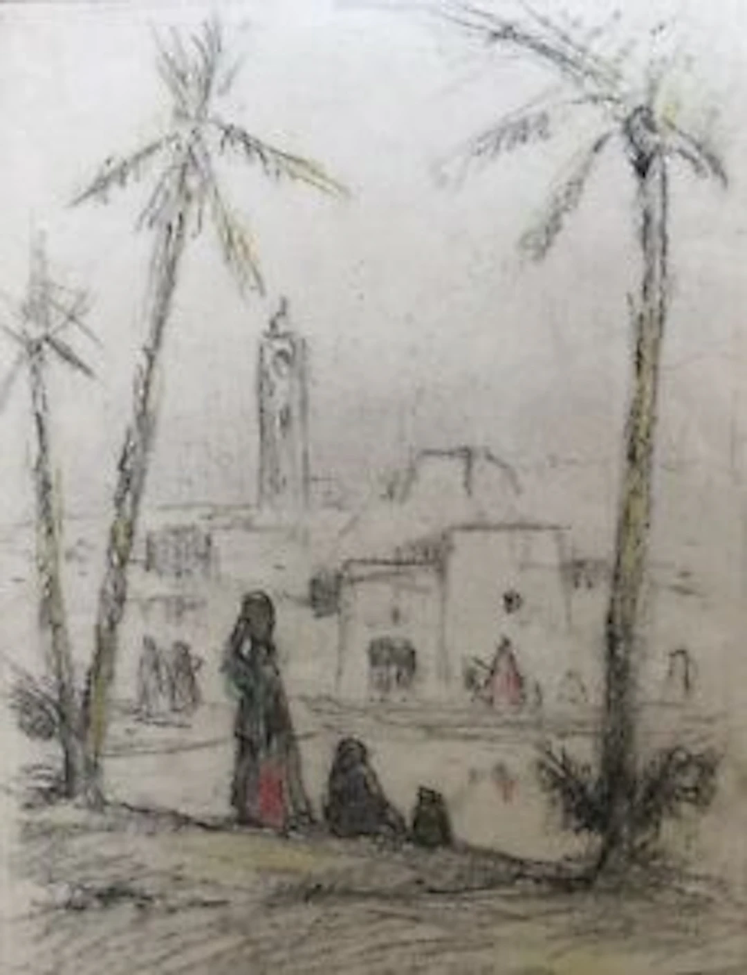 Louis-François CABANES - Village du Maghreb animé ,1942 - Fusain et