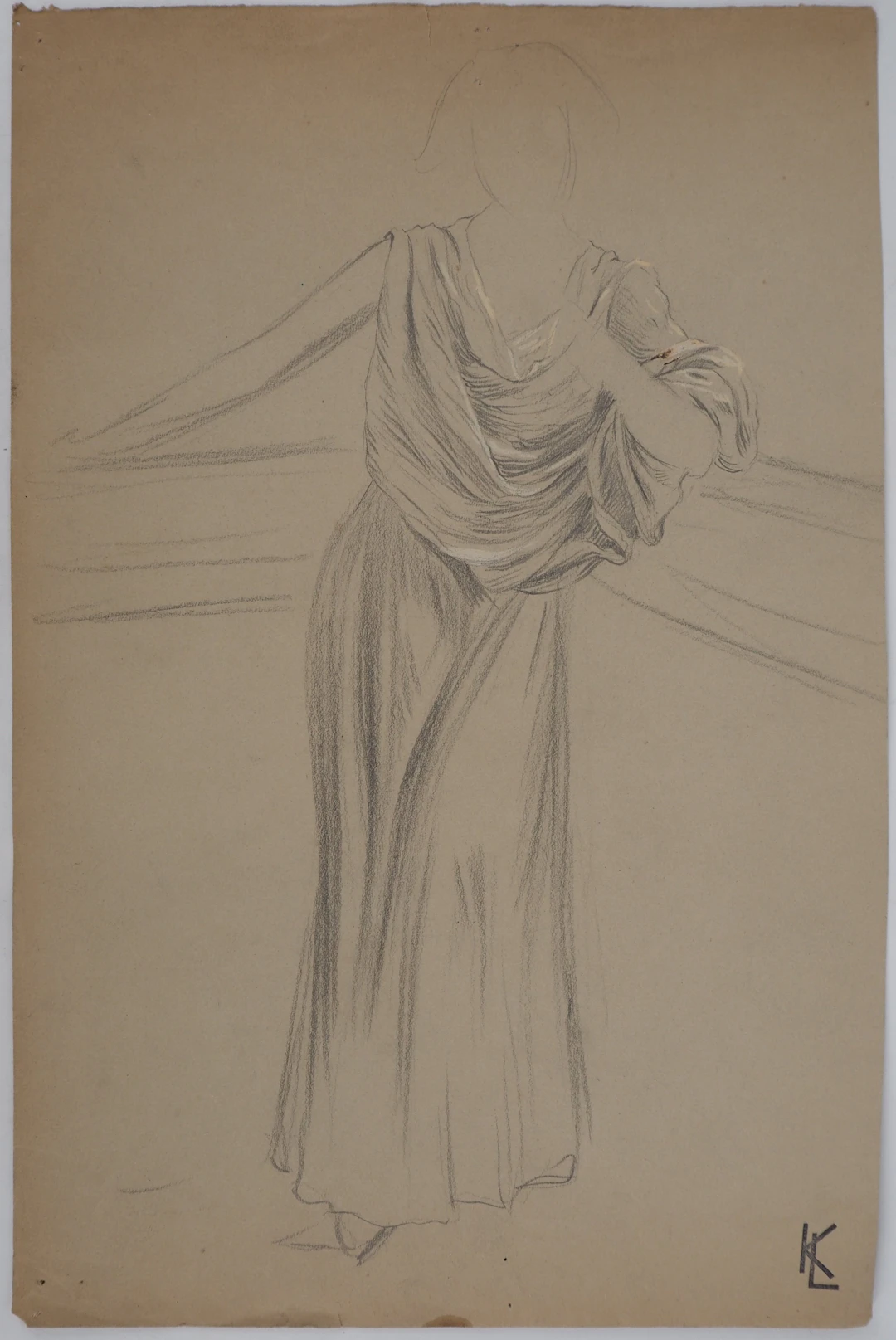 Léopold Franz KOWALSKI: Étude du drapé de la robe du soir, dessin original