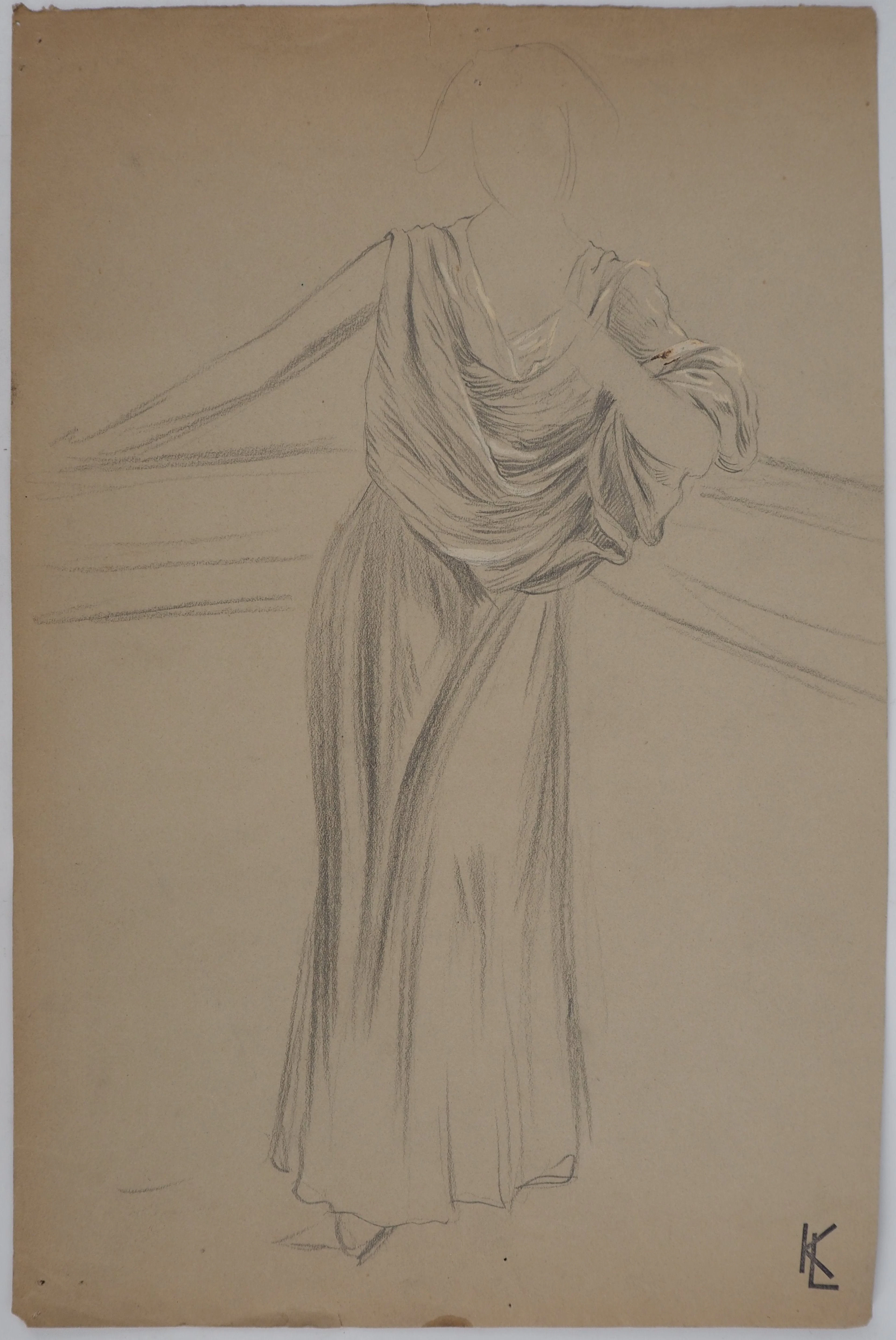 Léopold Franz KOWALSKI: Étude du drapé de la robe du soir, dessin original