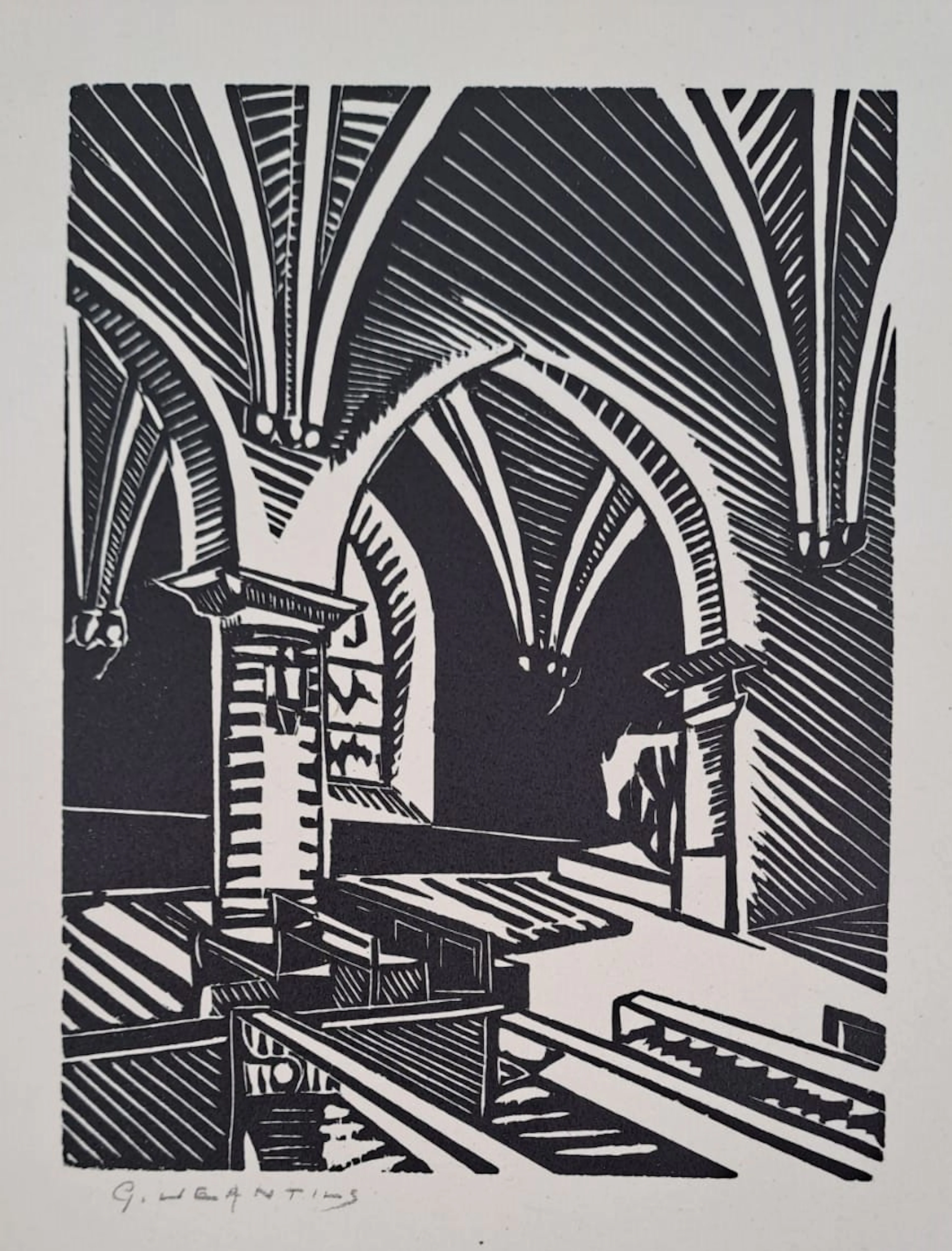 Georges Jeantils - Intérieur d’église, 1951 - Bois gravé