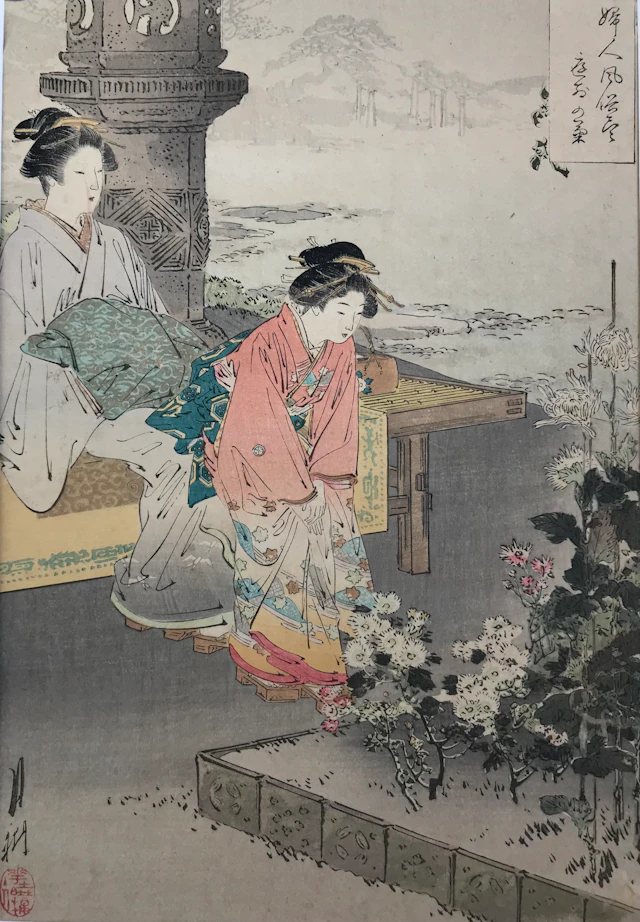 Gekkô OGATA - Élégantes observant des chrysanthèmes,1891 - gravure