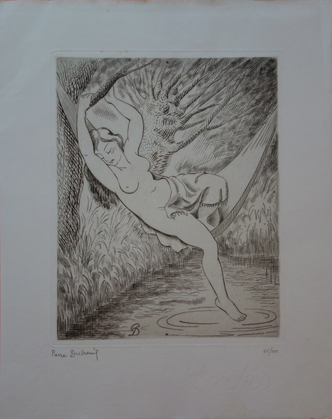 Pierre DUBREUIL : Baigneuse dans un hamac - Gravure originale signée