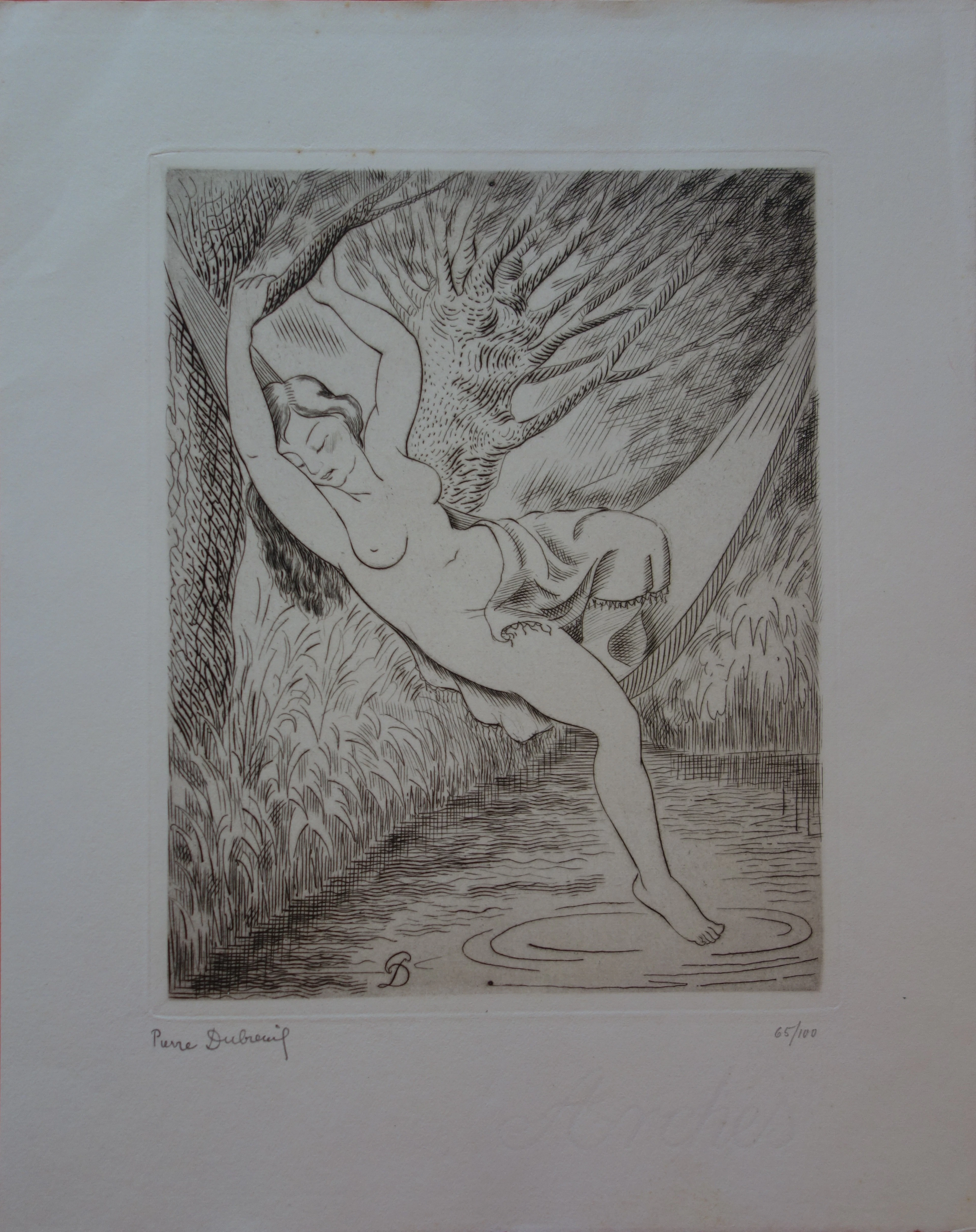 Pierre DUBREUIL : Baigneuse dans un hamac - Gravure originale signée