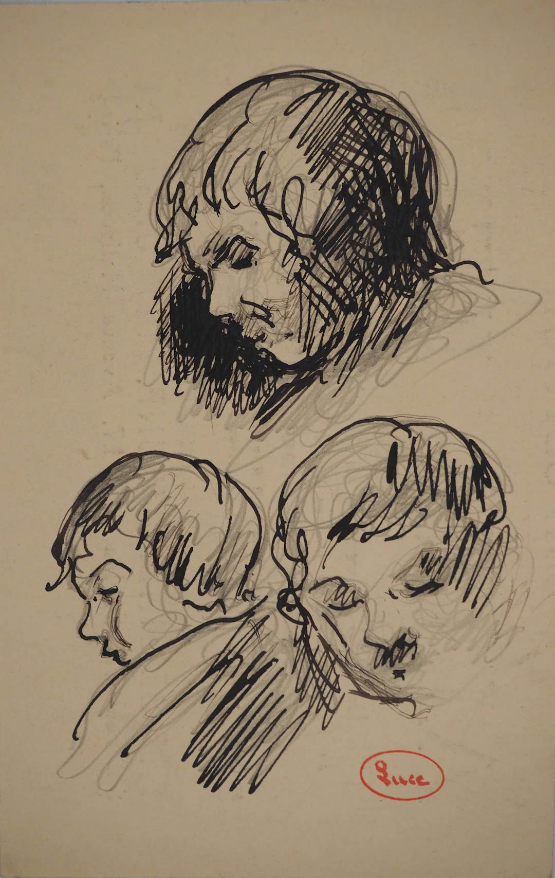 Maximilien LUCE : Trois études visage, Dessin original signé