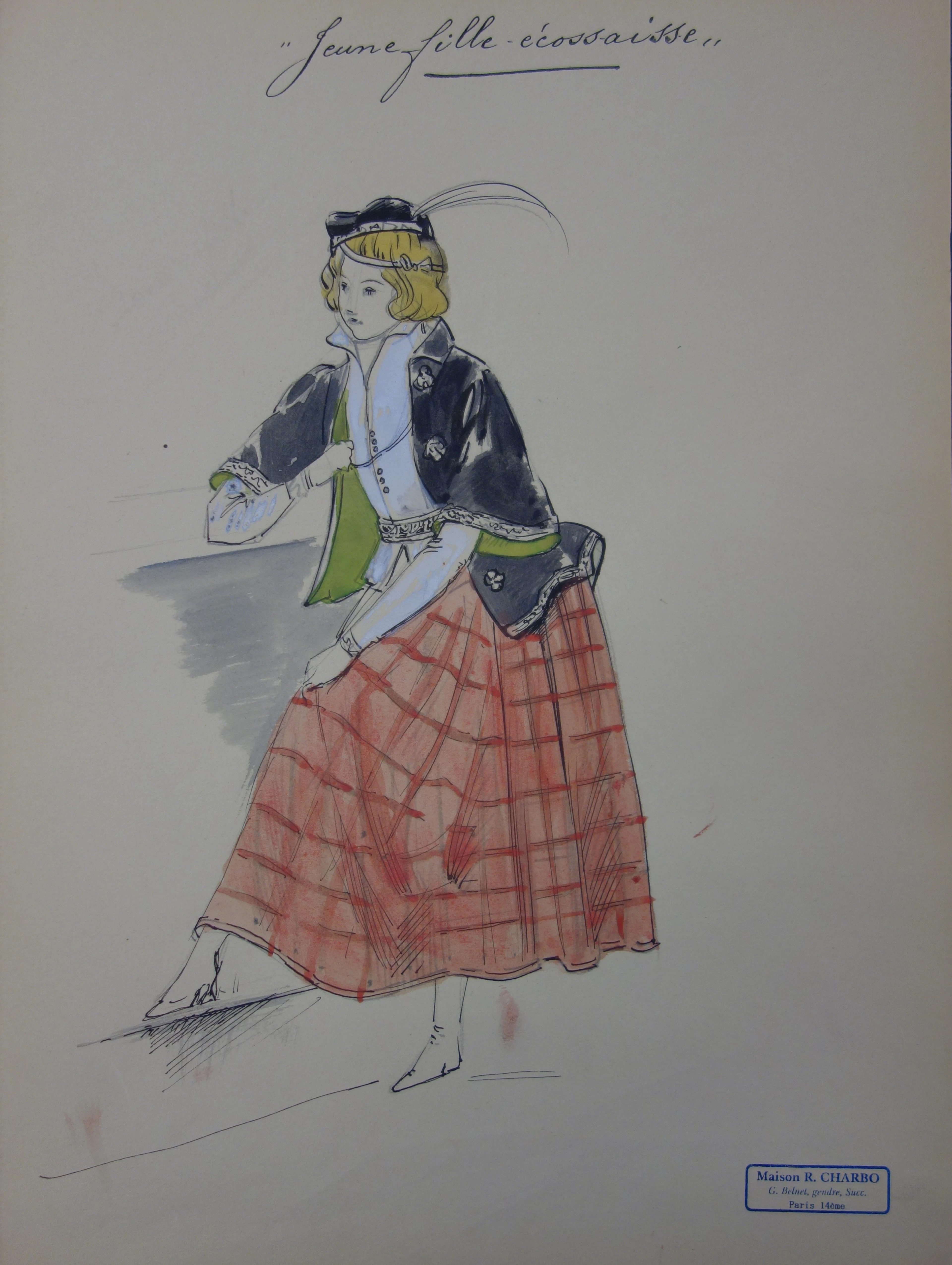 R. CHARBO - Jeune fille écossaise, Dessin original signé