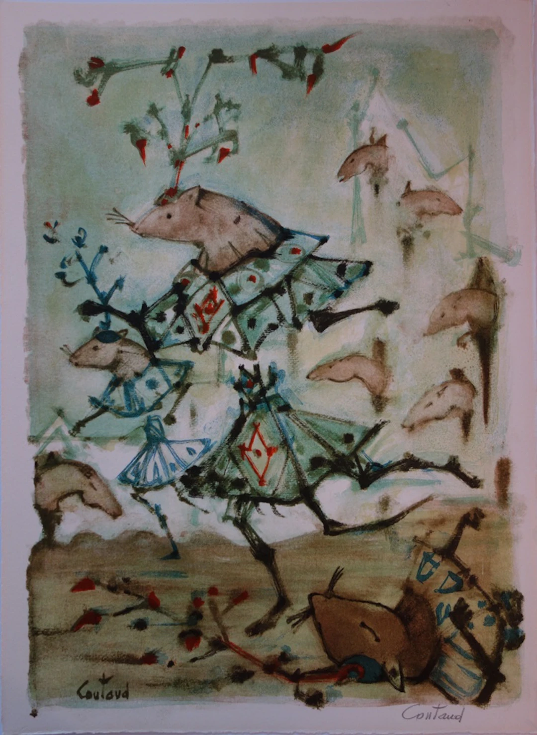 Lucien COUTAUD - Le combat des rats et des belettes, Lithographie
