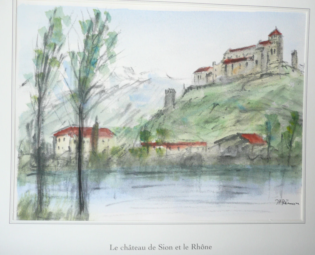 Jean Pierre REMON - Le châteaud de Sion et le Rhône, 2008 - Aquarelle signée