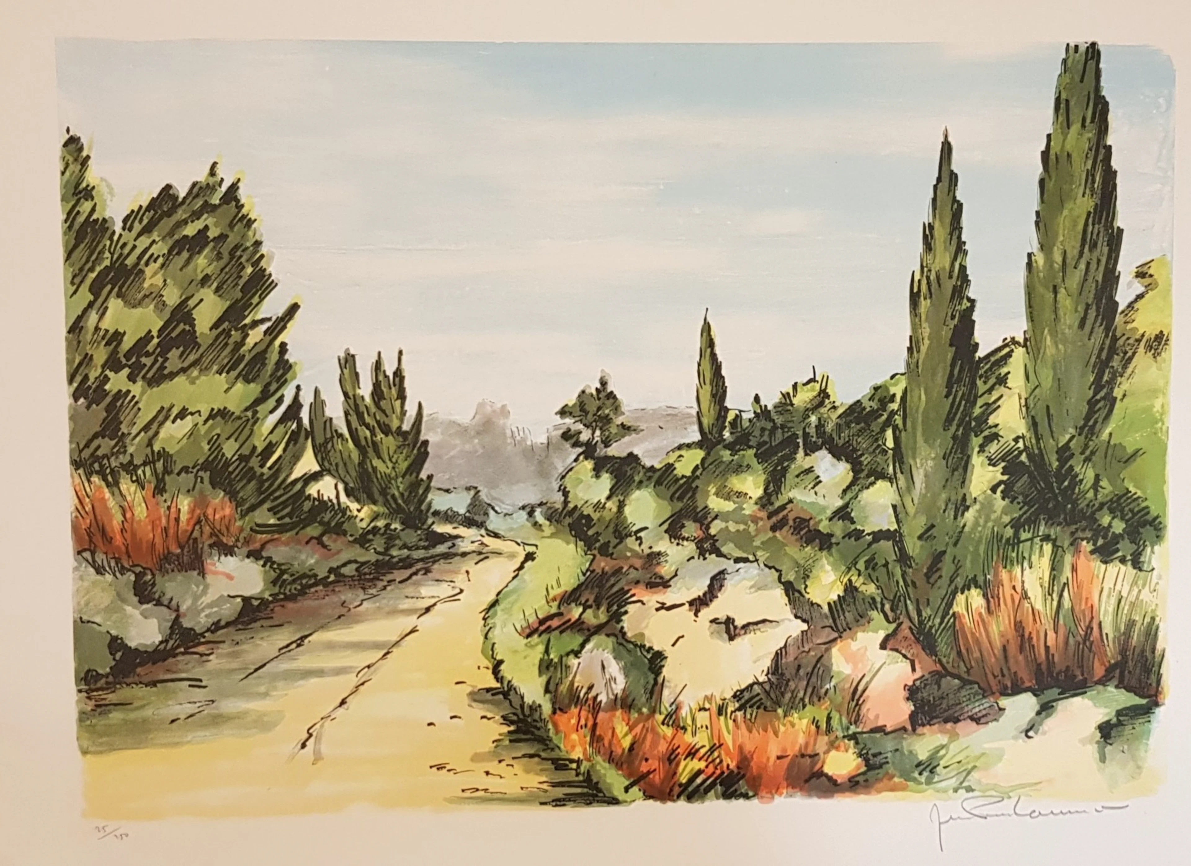 Jean Pierre LAURENT - Le Chemin dans les cyprès, 1980 - Lithographie