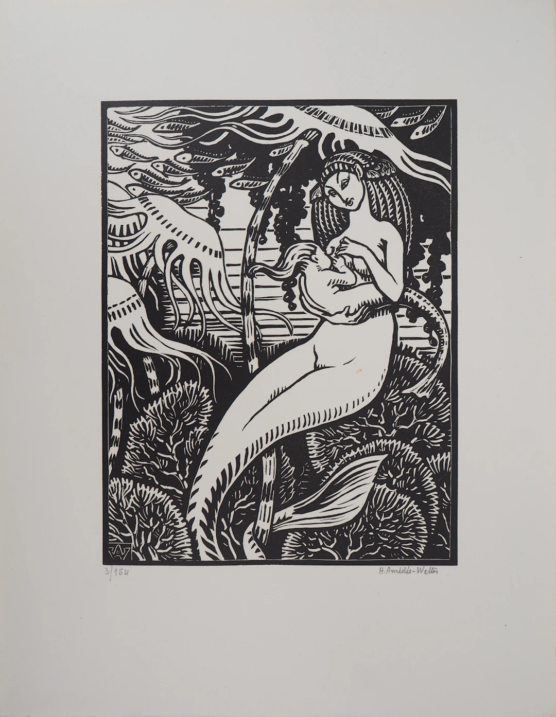 Henri AMEDEE-WETTER : Maternité à la sirène, Gravure sur bois originale signée