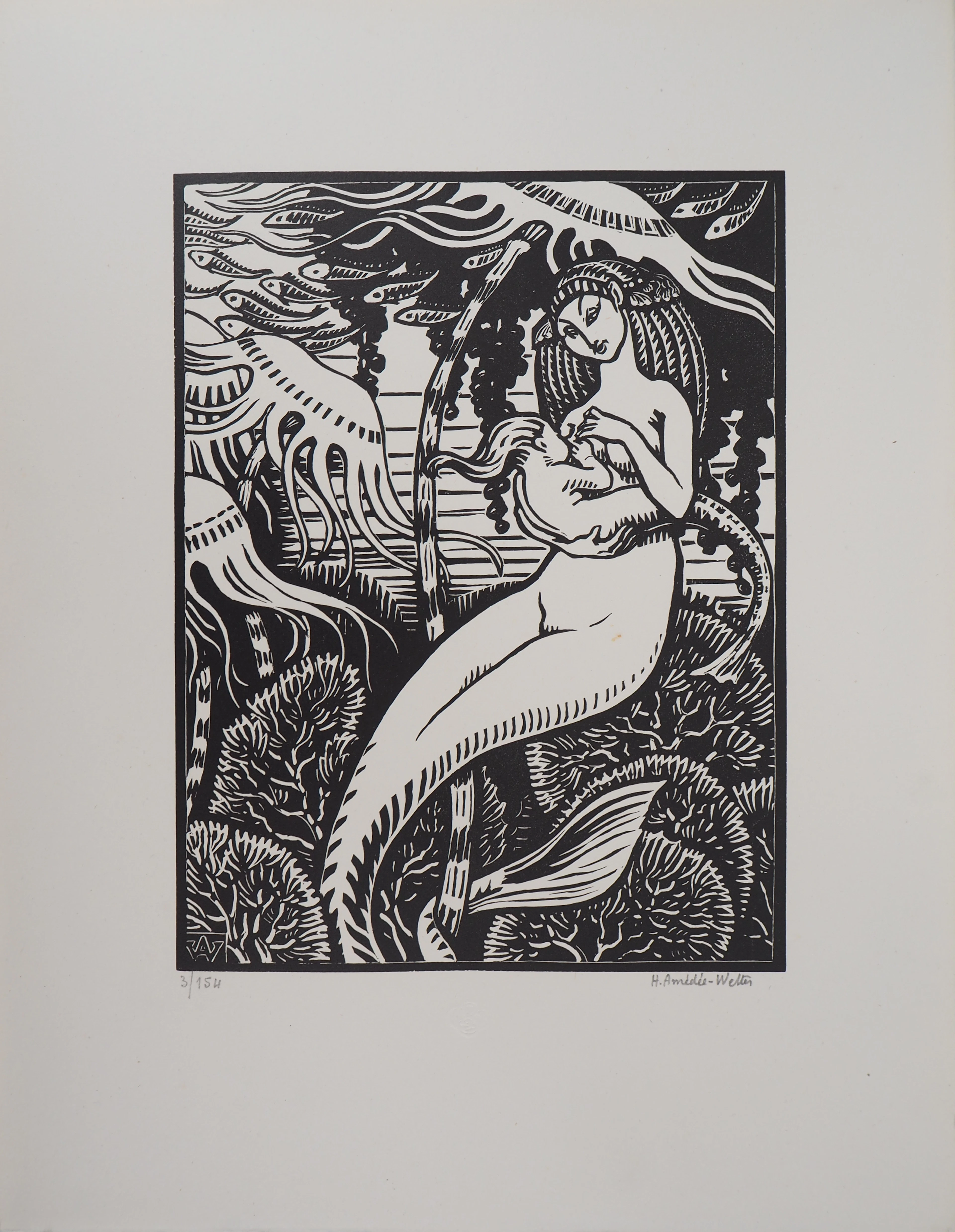 Henri AMEDEE-WETTER : Maternité à la sirène, Gravure sur bois originale signée