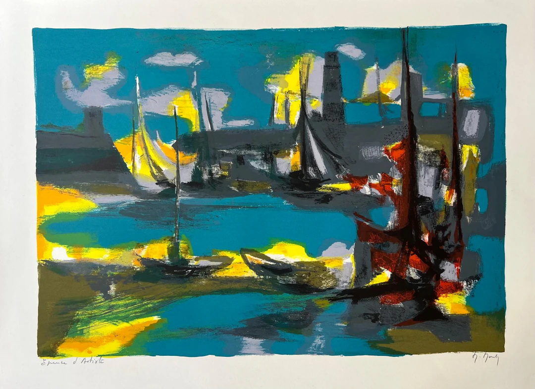 Marcel Mouly - Les voiliers au port - Lithographie signée