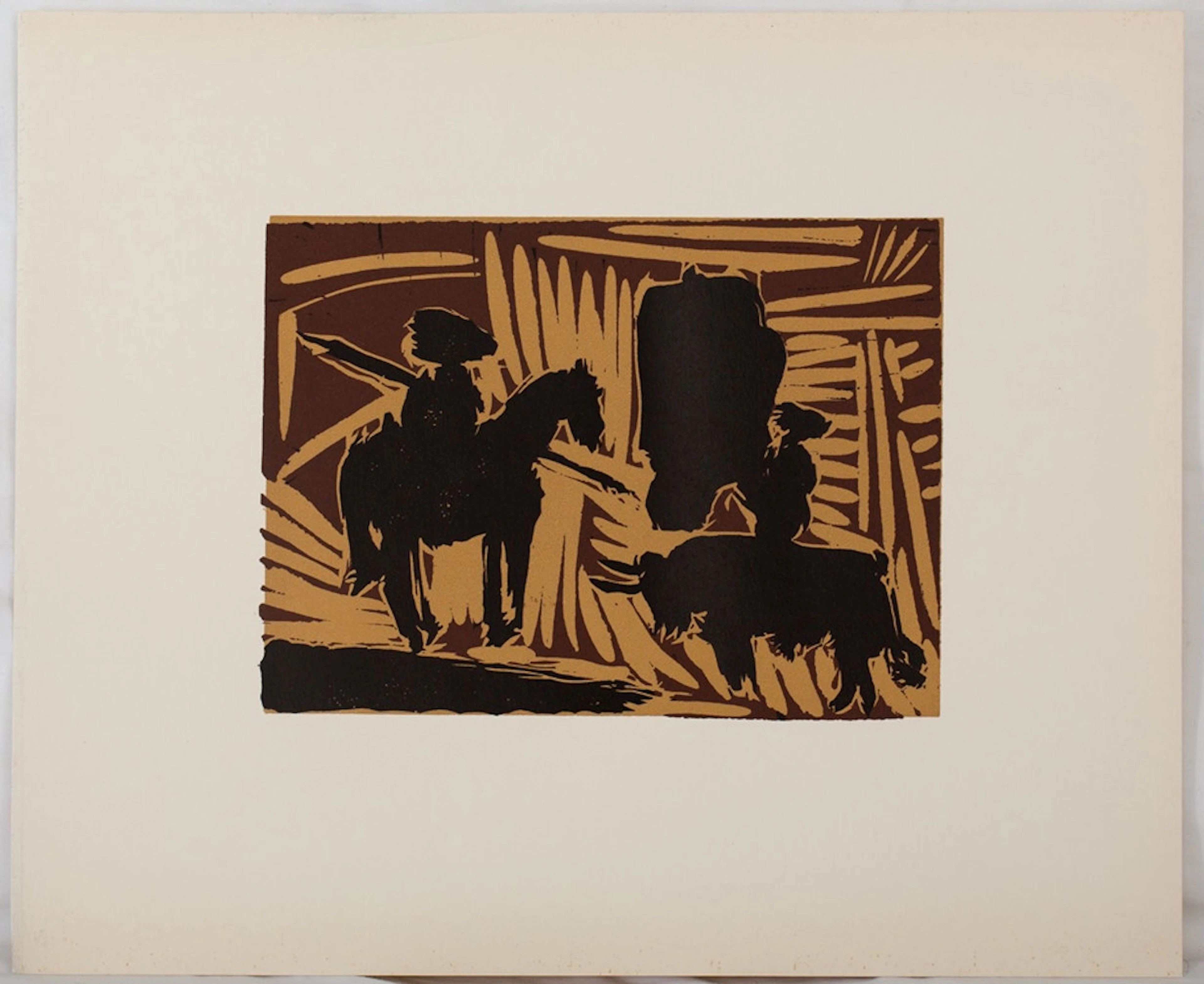 Pablo PICASSO : Corrida : l'entrée du taureau, Linogravure