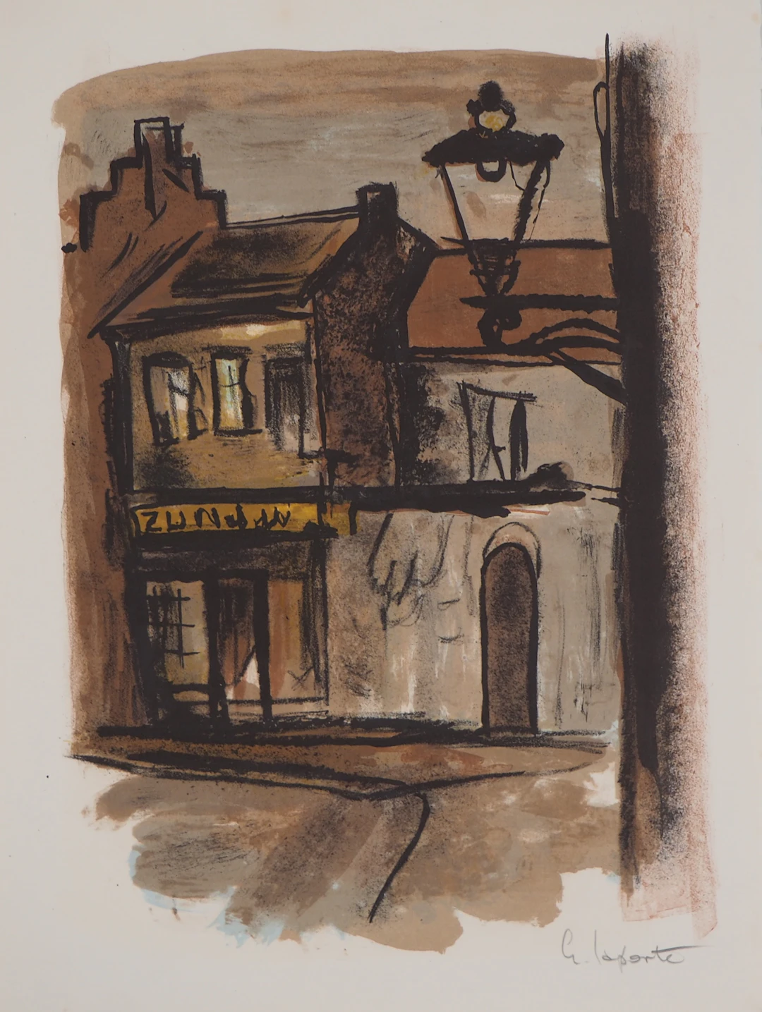 Georges LAPORTE - Le café du village, 1971 - Lithographie originale signée