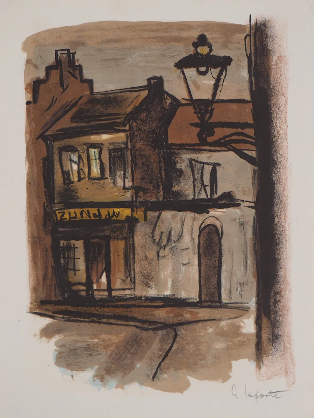 Georges LAPORTE - Le café du village, 1971 - Lithographie originale signée