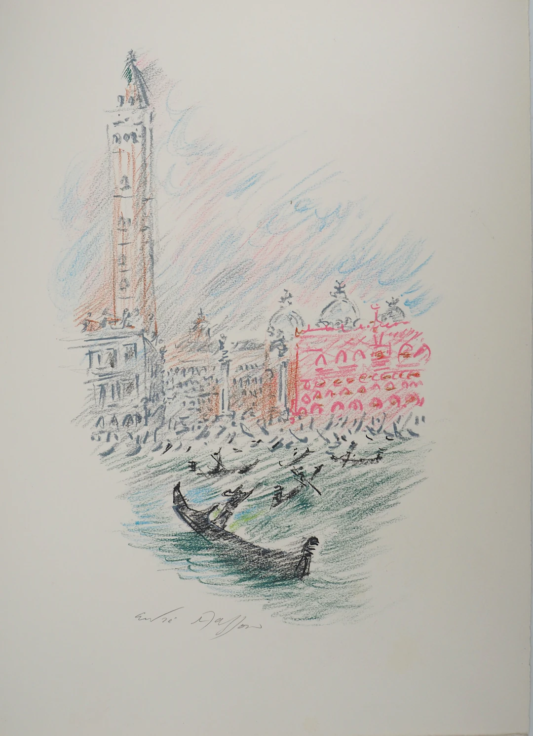 André MASSON : Venise, Gondoles et Saint Marc - Pastel original signé
