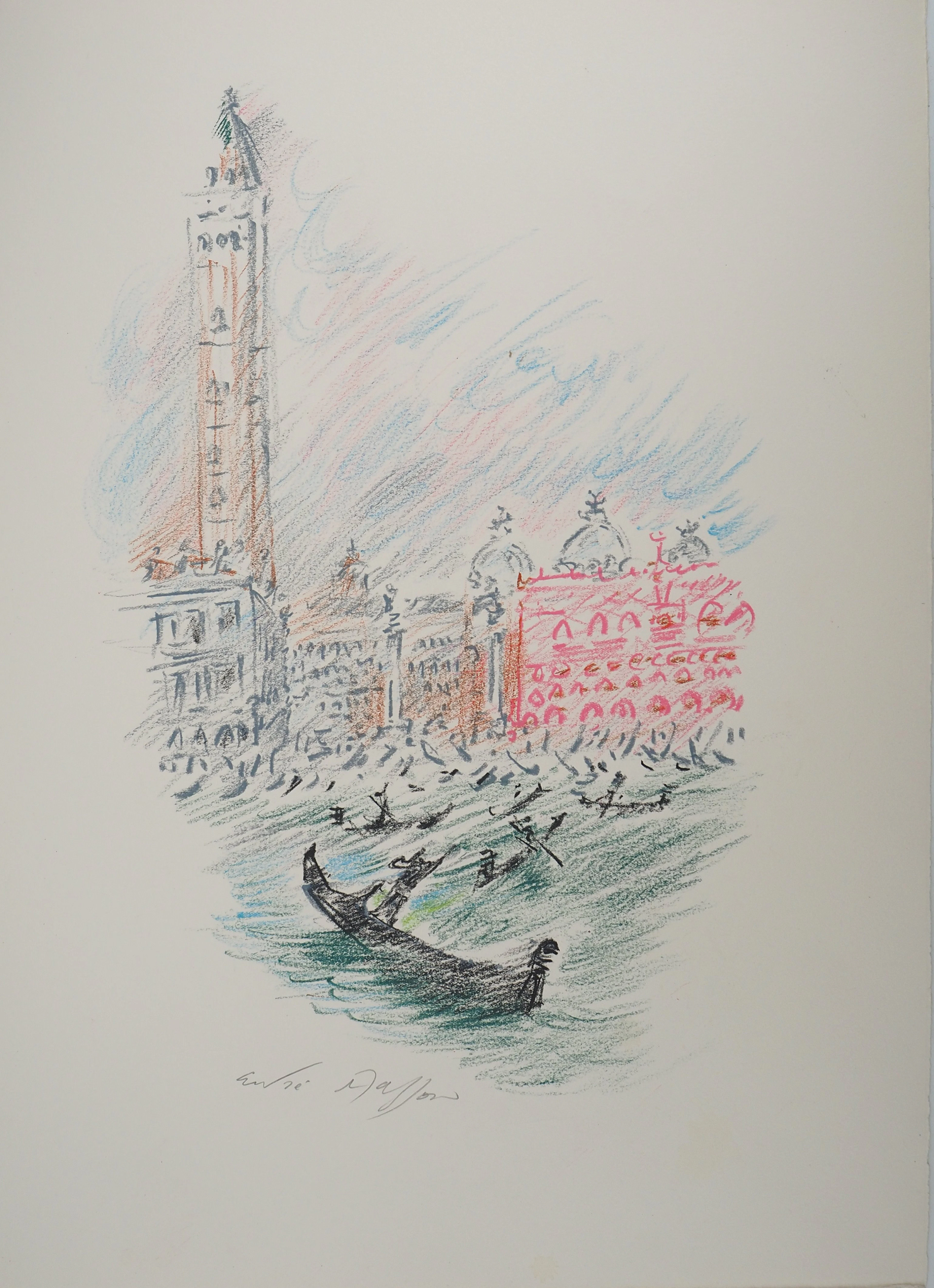 André MASSON : Venise, Gondoles et Saint Marc - Pastel original signé