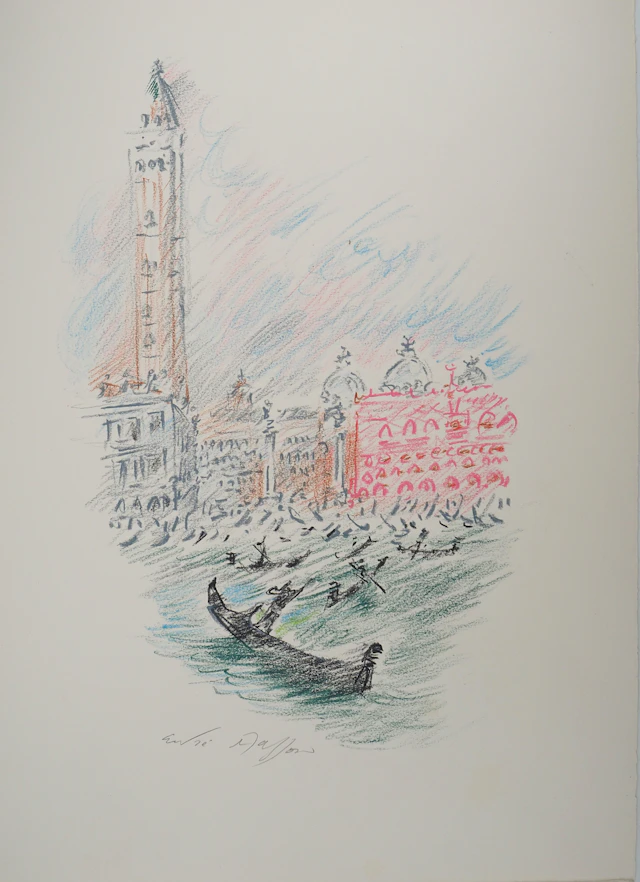 André MASSON : Venise, Gondoles et Saint Marc - Pastel original signé