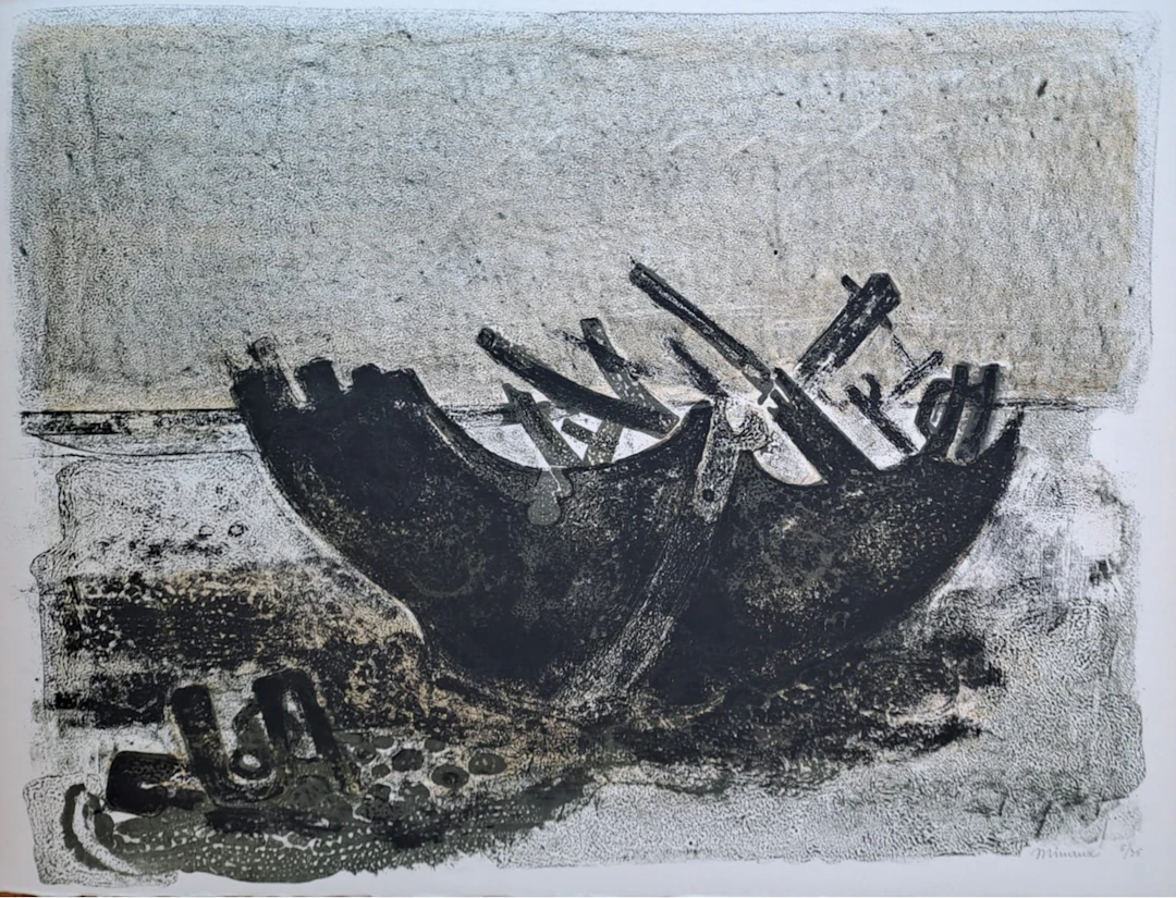André Minaux - Barque échouée - Lithographie originale signée et numérotée