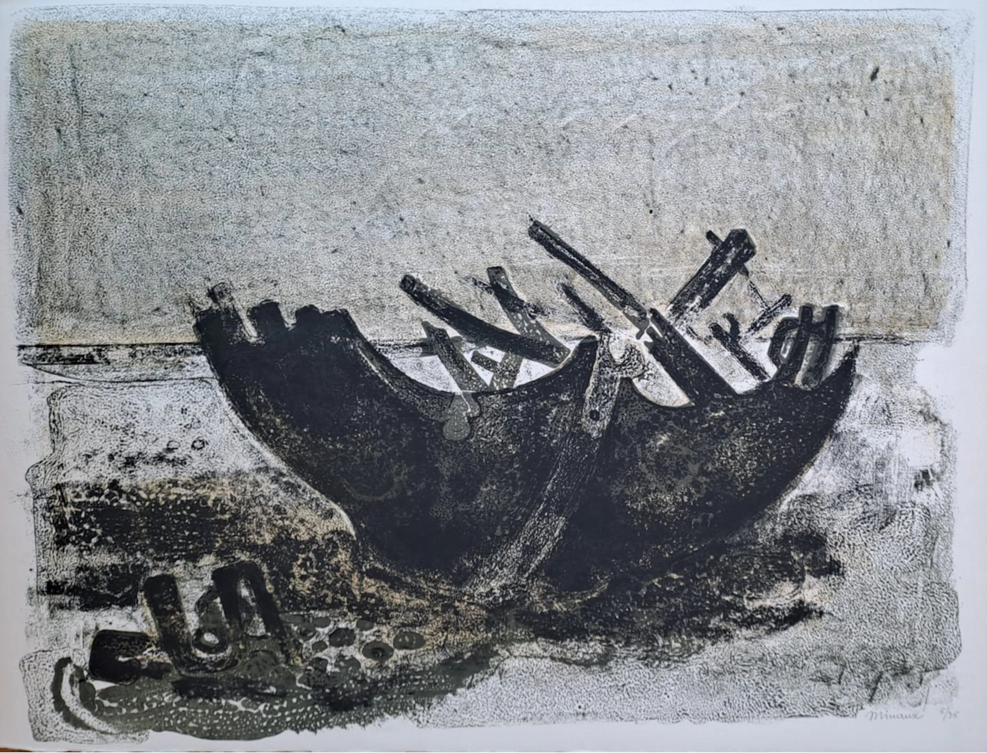 André Minaux - Barque échouée - Lithographie originale signée et numérotée
