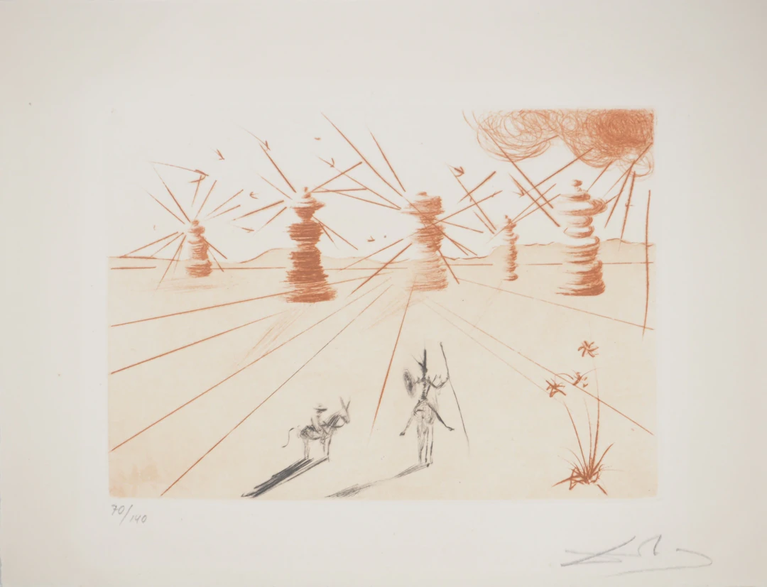 Salvador DALI : Don Quichotte et les moulins à vent - Gravure originale signée