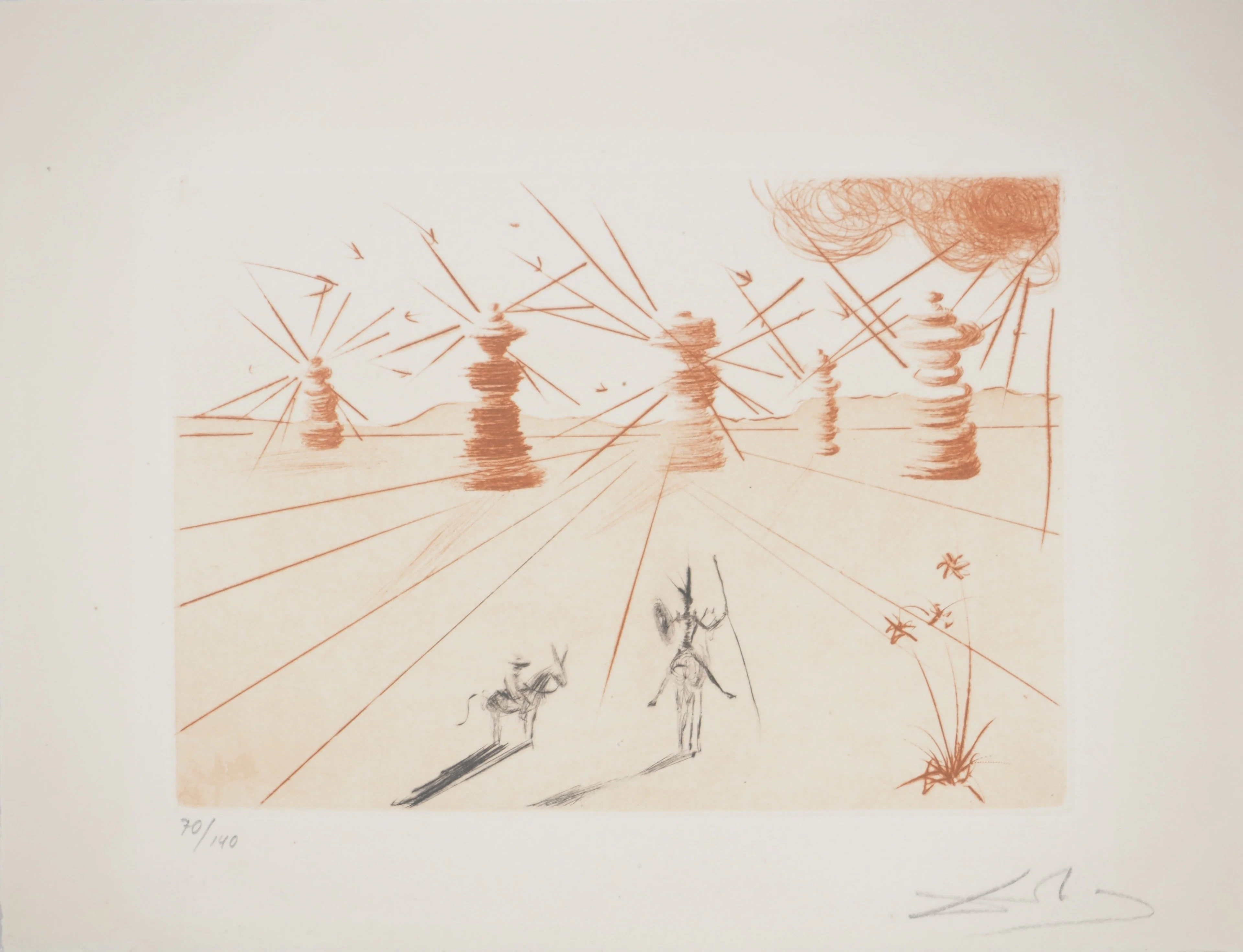 Salvador DALI : Don Quichotte et les moulins à vent - Gravure originale signée