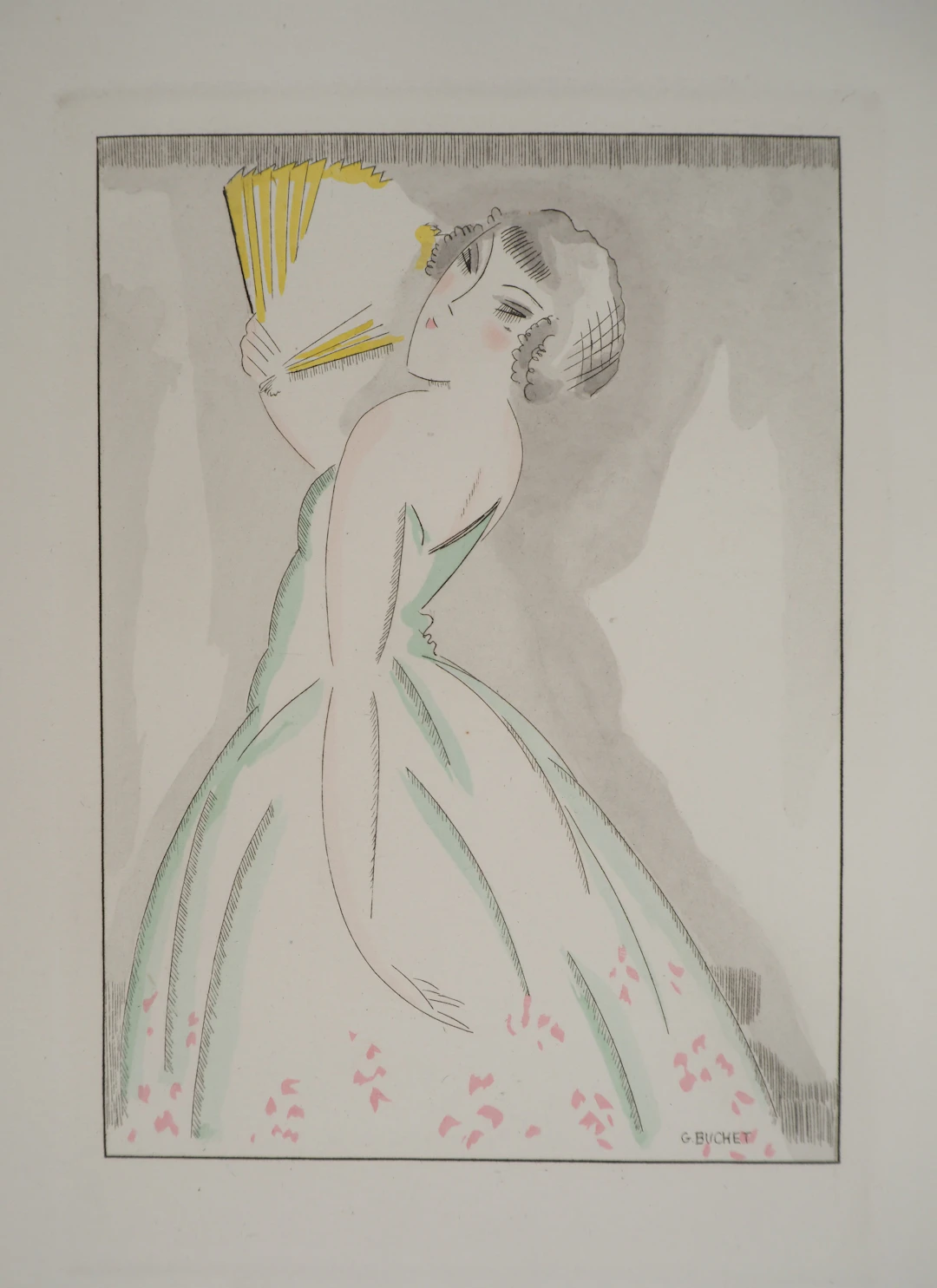 Gustave BUCHET : Jeu de séduction, Gravure originale et pochoir signée