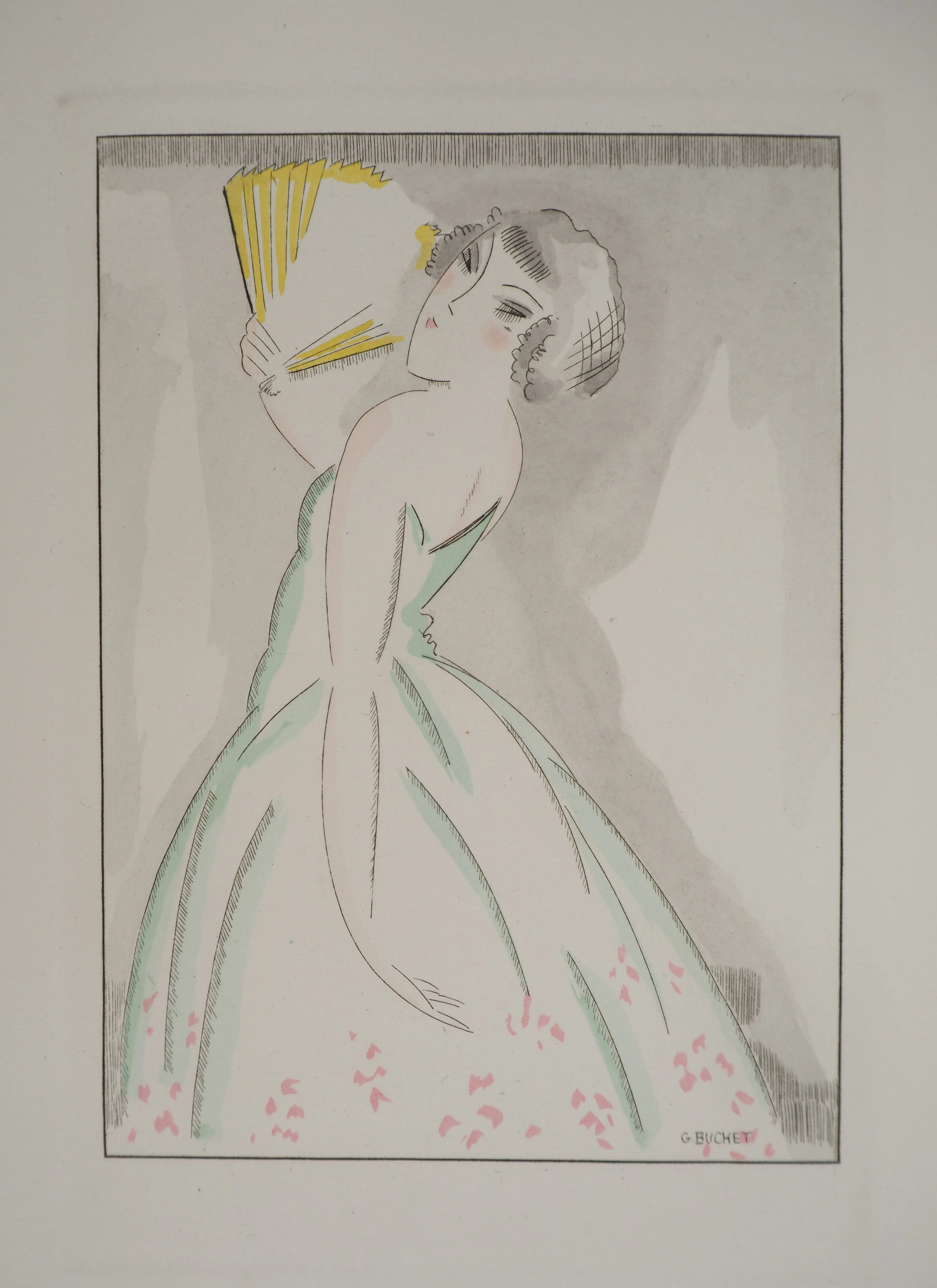 Gustave BUCHET : Jeu de séduction, Gravure originale et pochoir signée